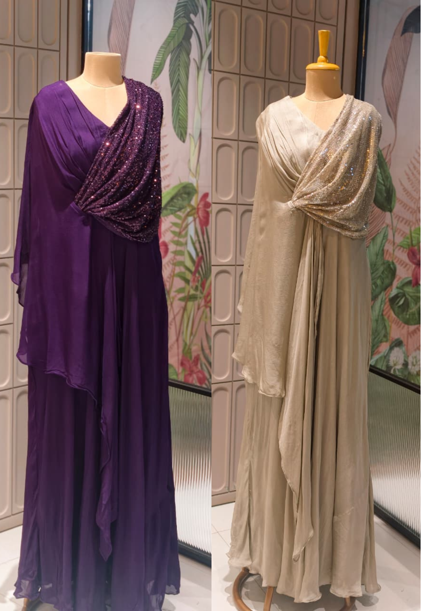 Elegant Sequin Drape Cape Maxi Gown