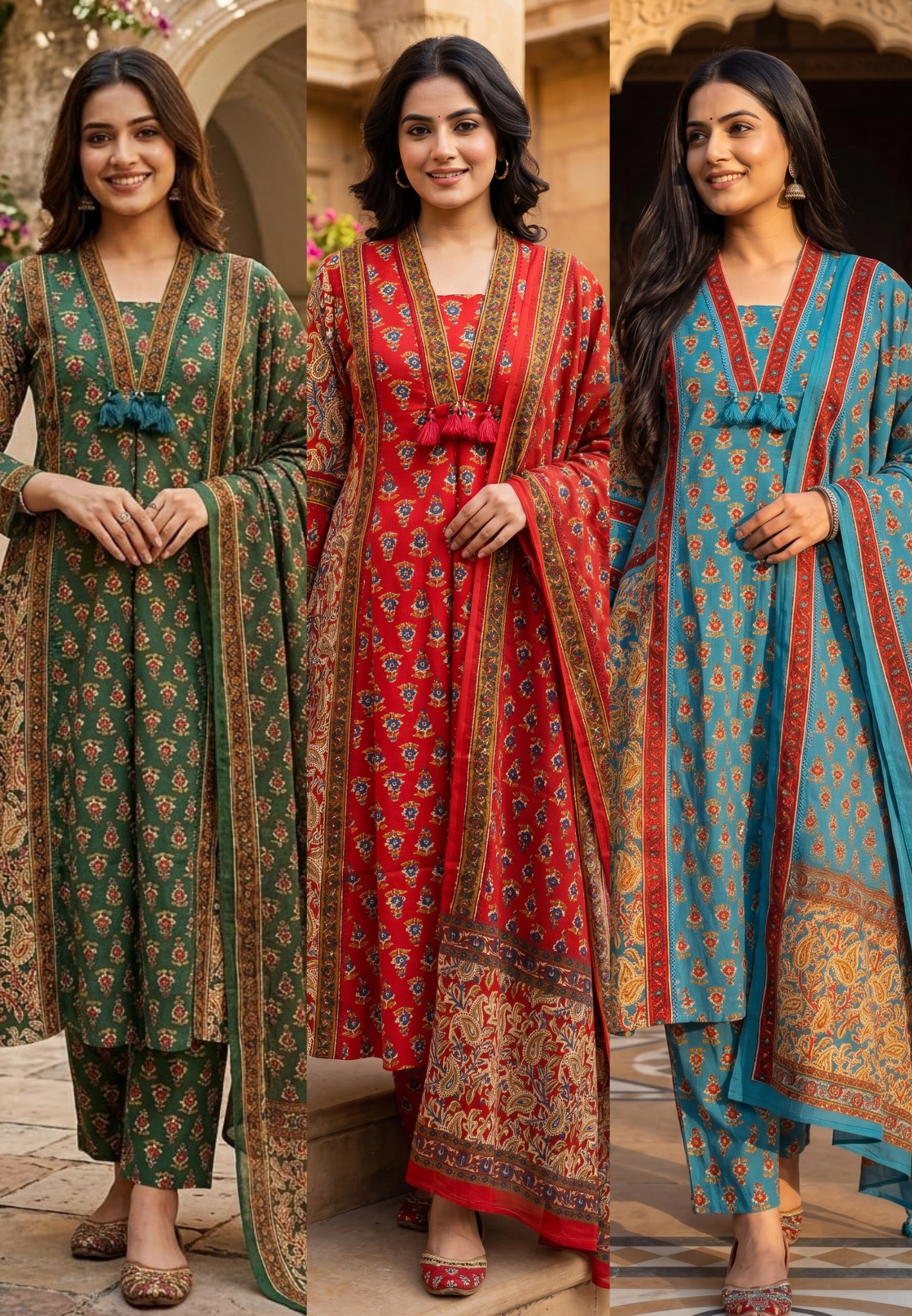 Royal Classic Mughal Floral Block Printed A-Line Cotton Full Suit Set With Dupatta