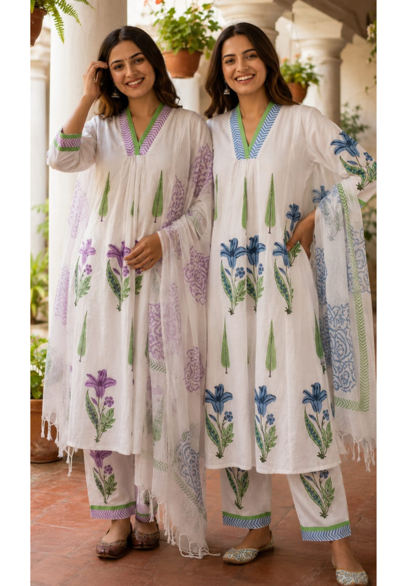 Premium Floral Print Mul Cotton Set Botanical Beauty A-Line Kurta Pant With Dupatta