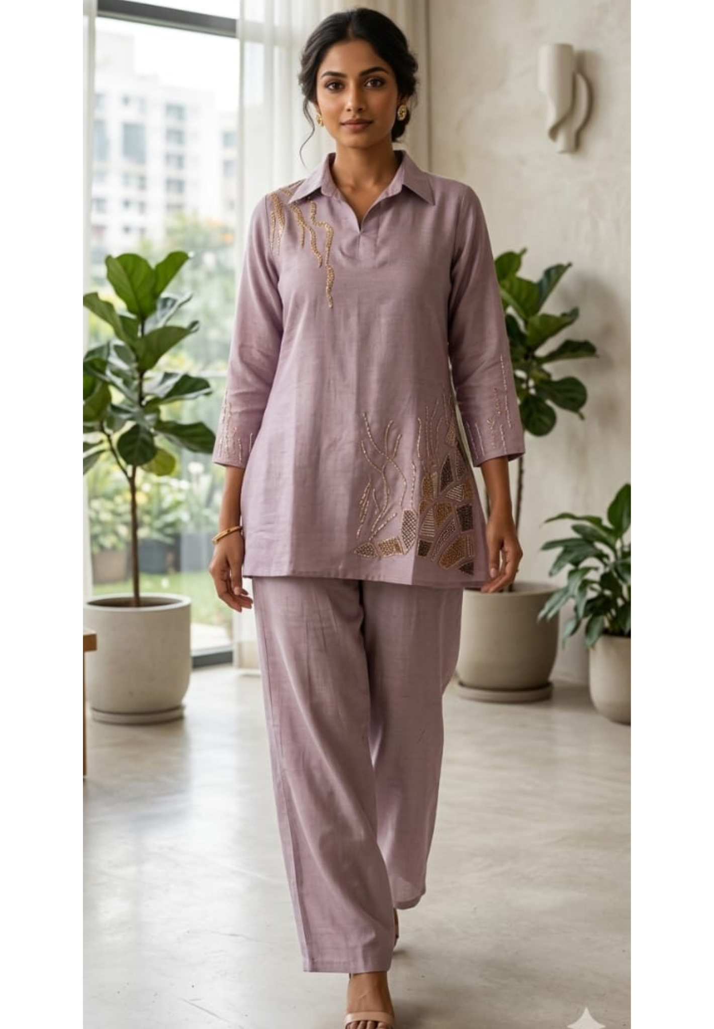 Branch Tail Sequin Scattered Work Solid Stylish Co-Ord Set