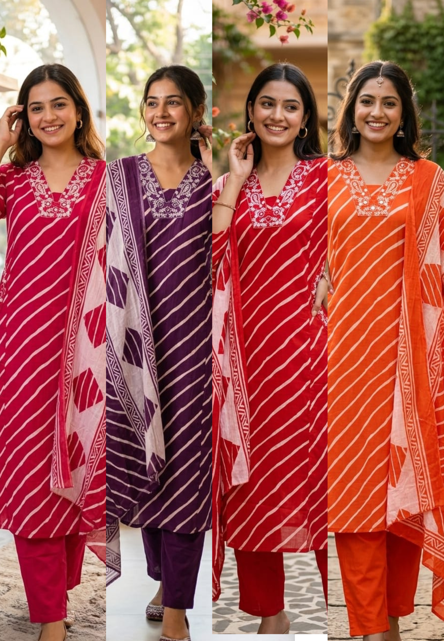 Mango Buti Thread Embroidered Neckline Leheriya Cotton A-Line Full Suit Set With Dupatta & Side Pockets-15168