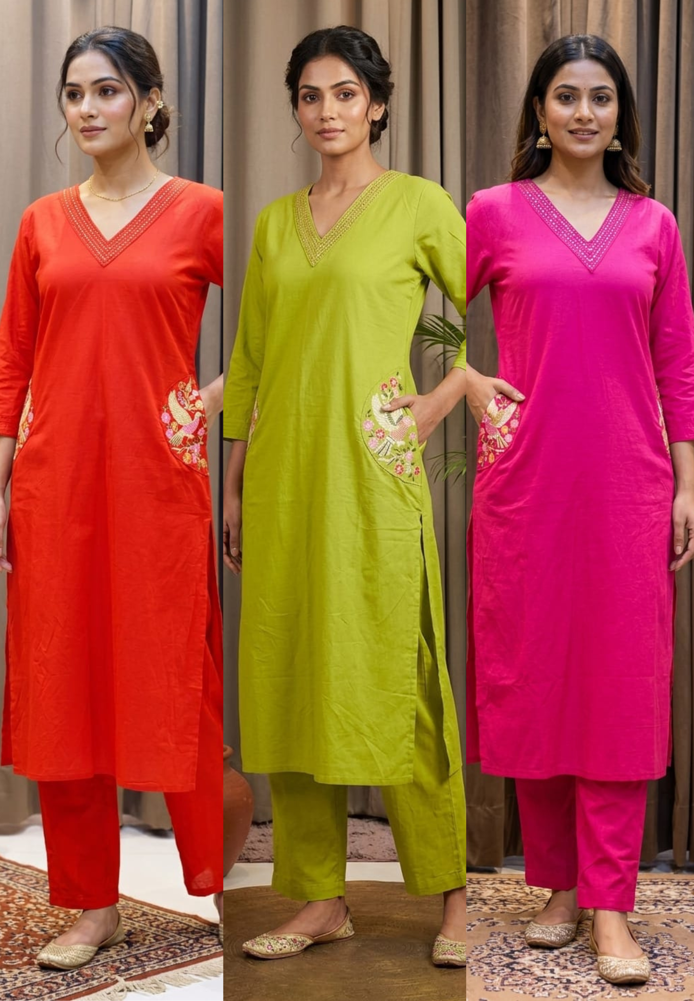 Linear Thread Neckline Embroidered Side Pockets Cotton Kurta Pant Set- 15169