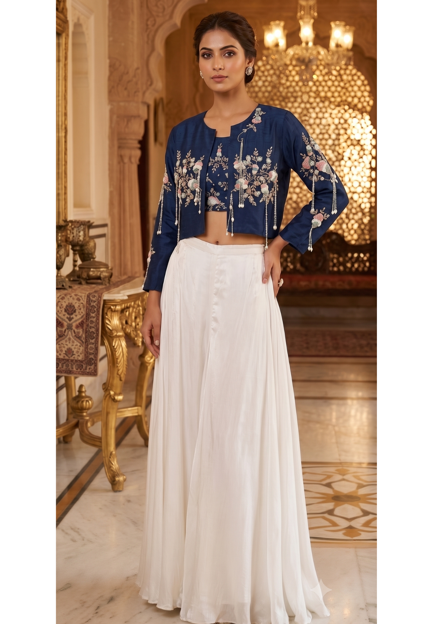 Elegant Tasseled Designer Hand Embroidered Buster With Crop Jacket & Flare Bottom Indo Wear- 12693