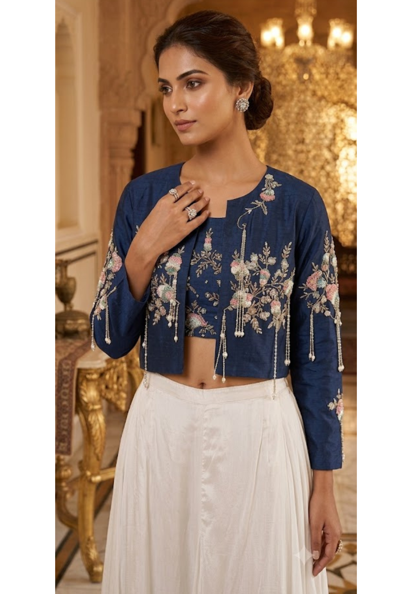 Elegant Tasseled Designer Hand Embroidered Buster With Crop Jacket & Flare Bottom Indo Wear- 12693