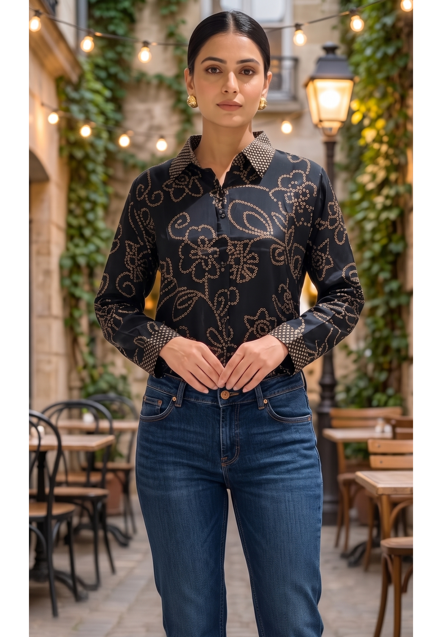 Pure Crepe Bold Black Bandhani Print Floral Collared Shirt- 15111