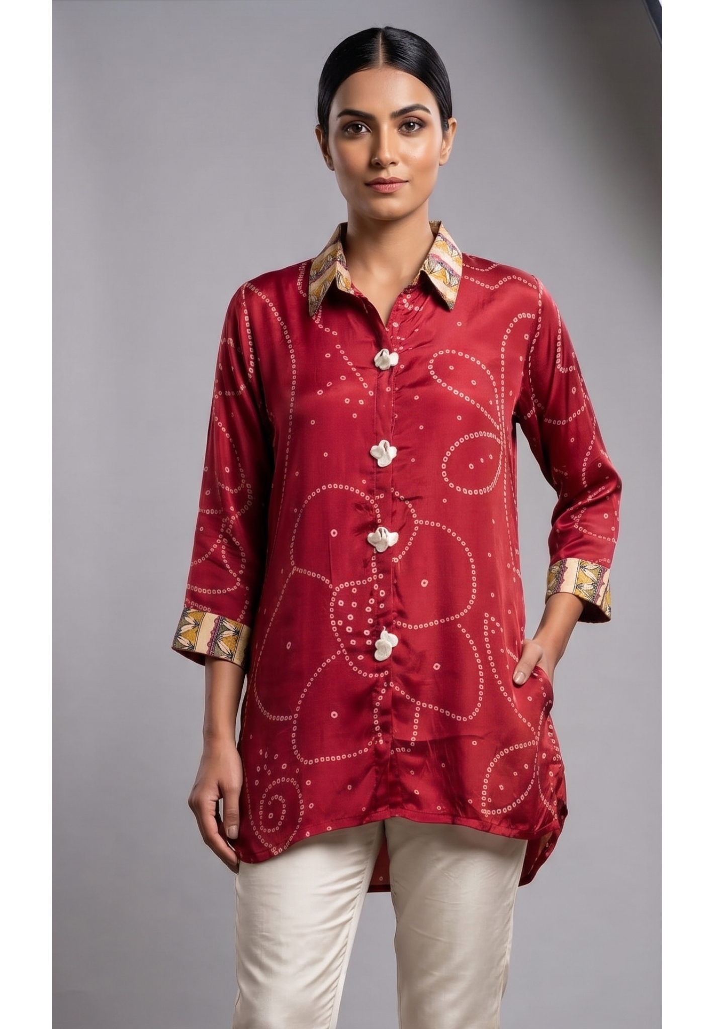 Women's Premium Maroon Bandhani Printed Soft Crepe Casual Shirt Top- 15111