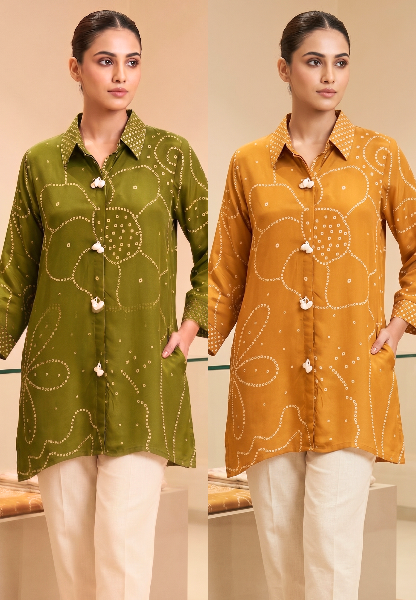 Bandhani Print Shell Tassel Rangoli Bird Back Print Crepe Shirt- 15111