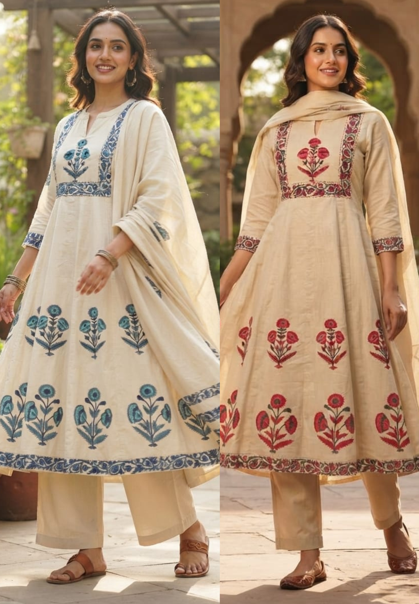 Floral Ensemble Block-Print A-Line Full Suit Set with Dupatta In Cotton Fabric- 15387