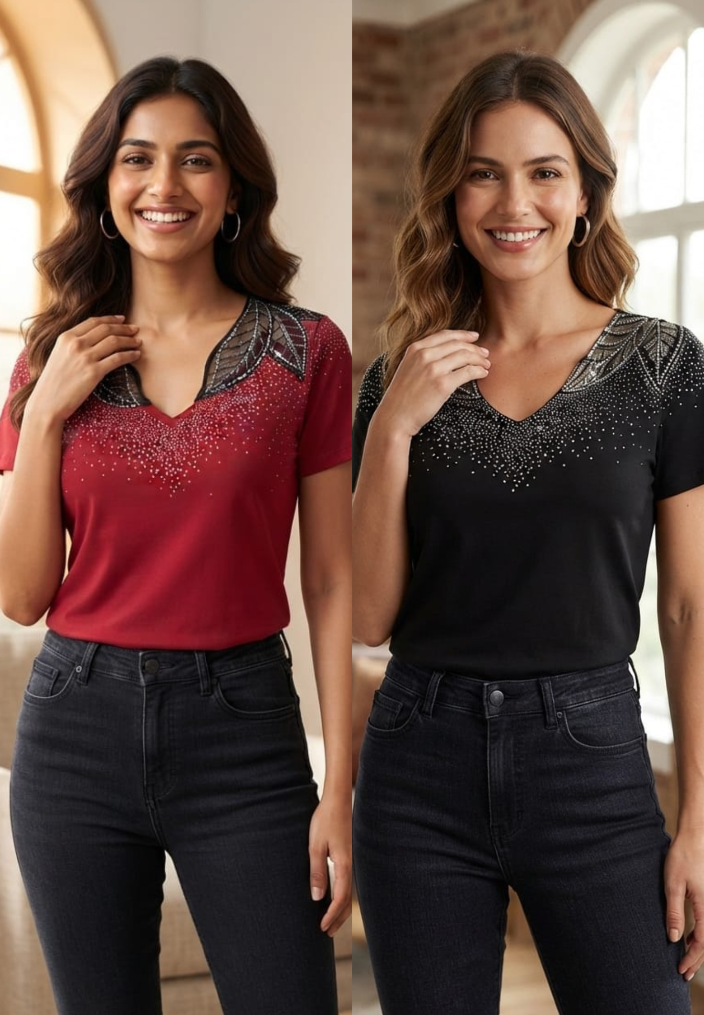 Leavy Netted Shoulder Glitter Scatter Imported Western Top- 15229