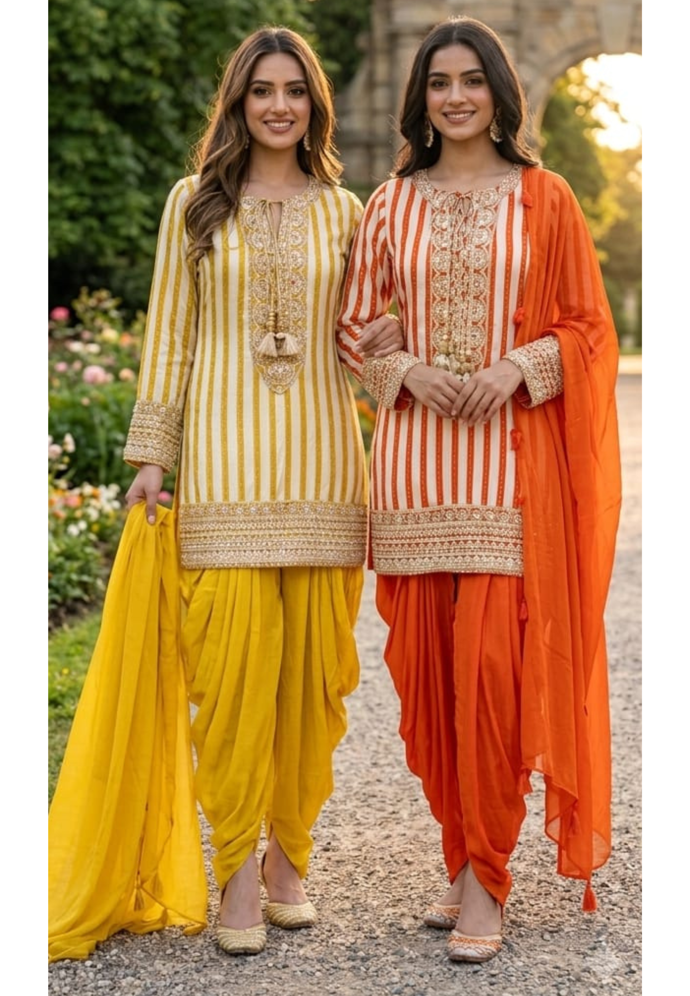 Striped Zardosi Yoke Full Suit Set with Draped Tulip Pants and Embellished Dupatta- 15306