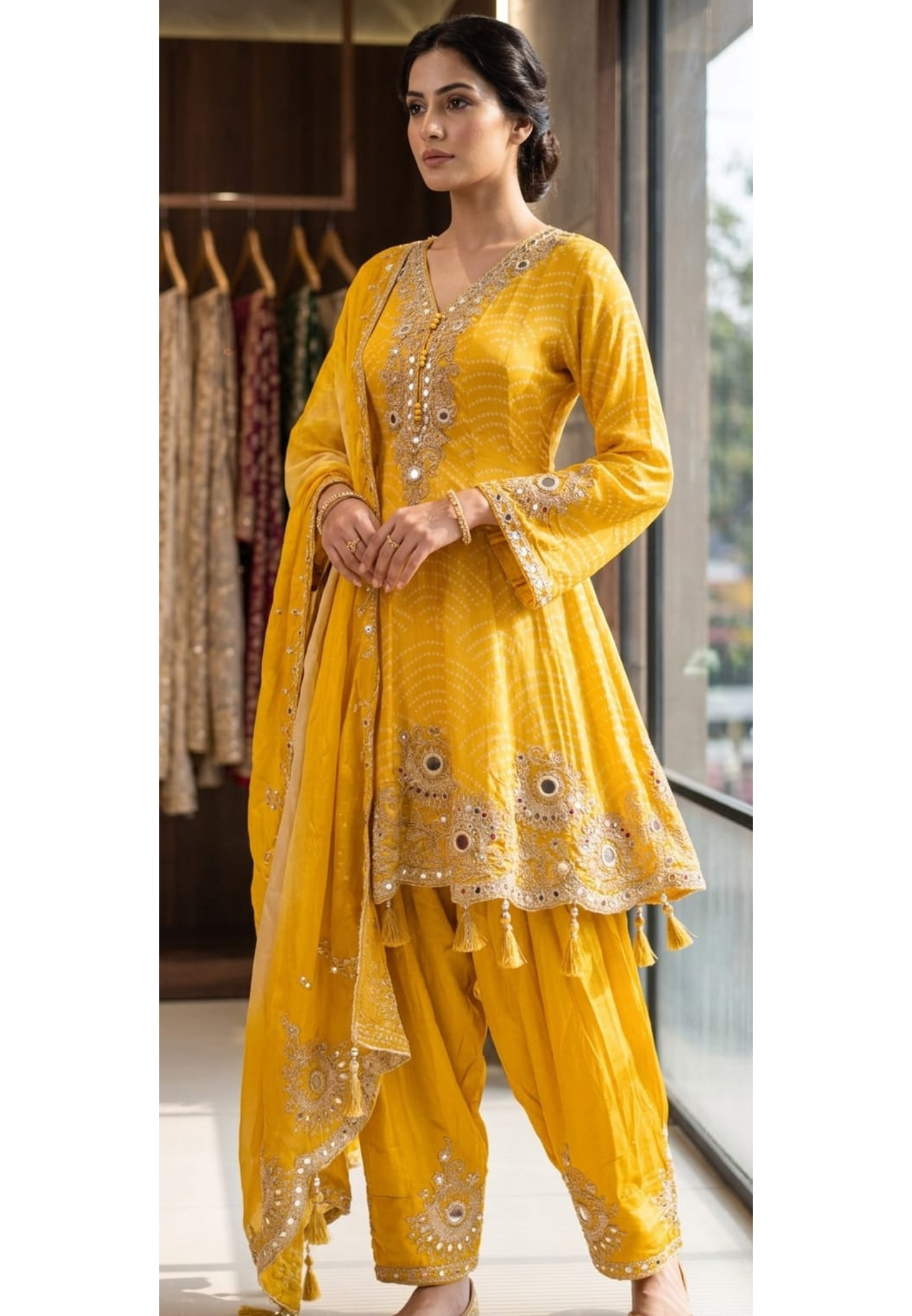 Mustard Yellow Bandhani Print Peplum Style Party Wear Full Suit Set with Mirror Work- 14395