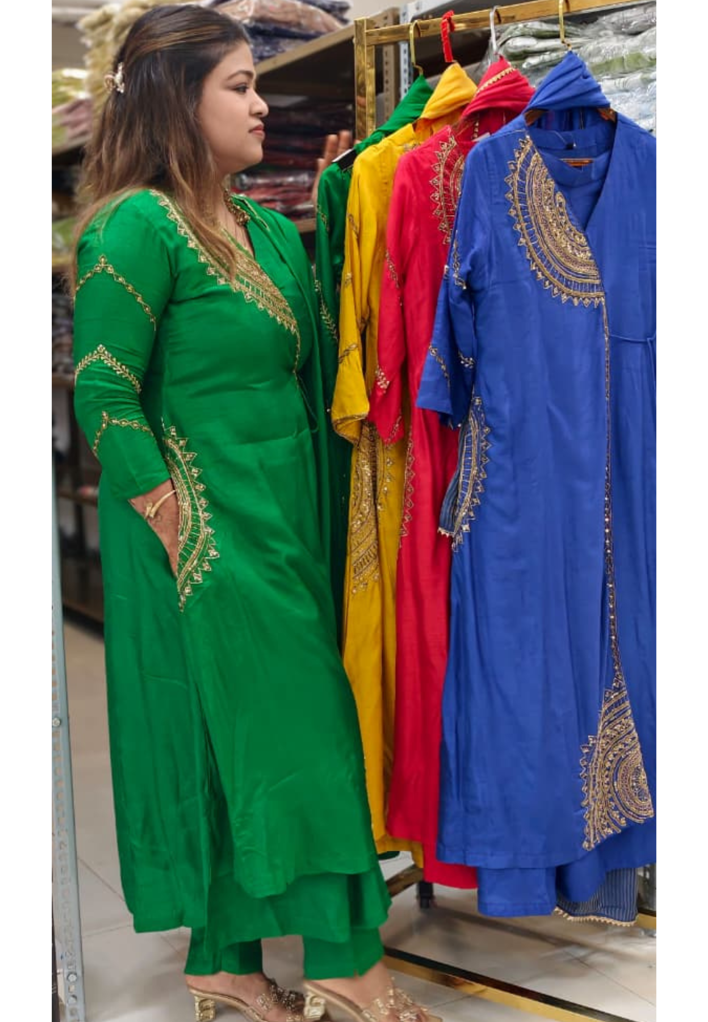 Half Phased Embroidered Angrakha Style A-Line Russian Silk Full Suit Set with Dupatta- 15324