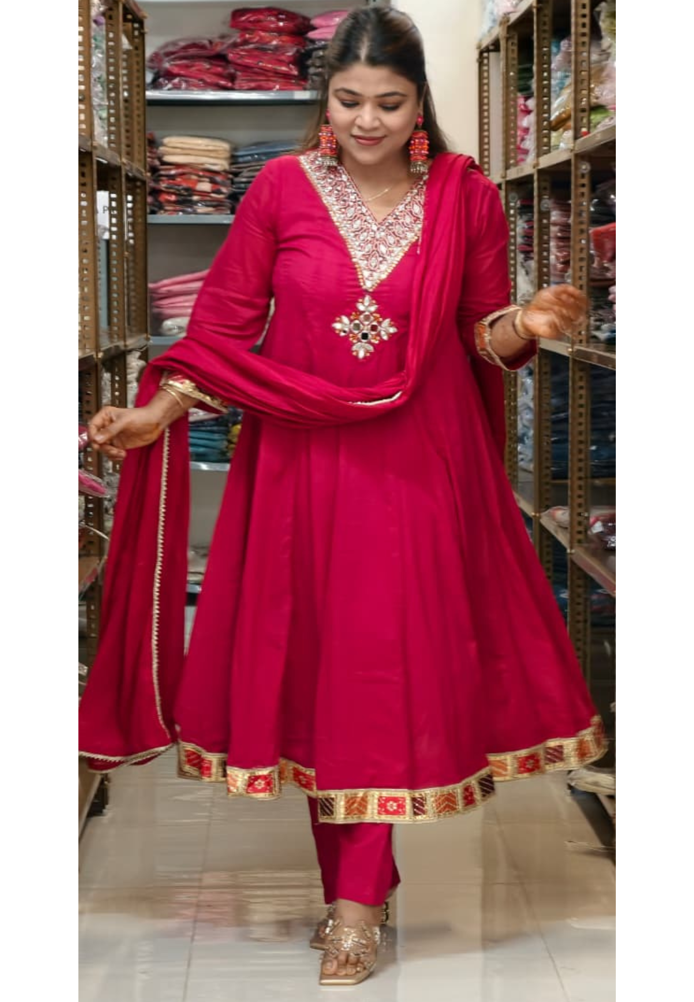 Vibrant Maroon Real Mirror V-Neck Embroidered Mul-Cotton Panel Anarkali Full Suit Set With Dupatta- 15324