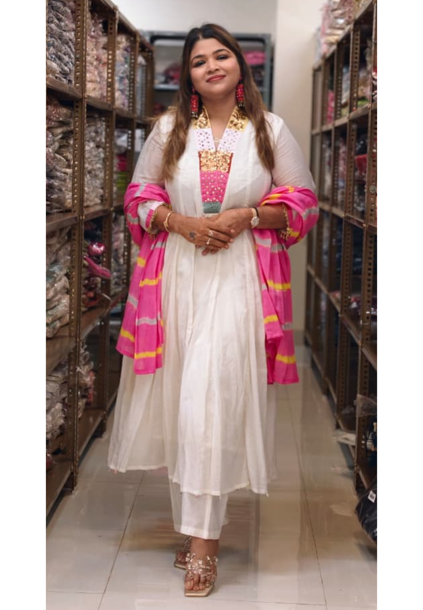 Classic Ivory White Multicolor Rajasthani Embellished V-Neck Mul-Cotton Anarkali Full Suit Set With Dupatta- 15315