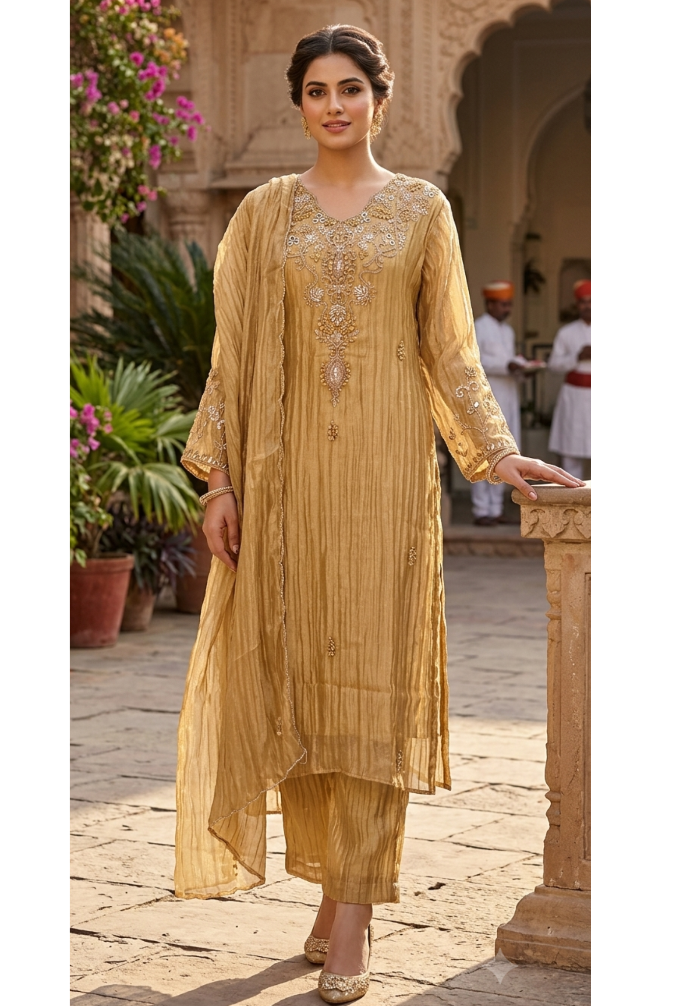 Golden Glow Crushed Tissue A-Line Full Suit Set with Intricate Silver Embroidery Zardozi Yoke- 15389