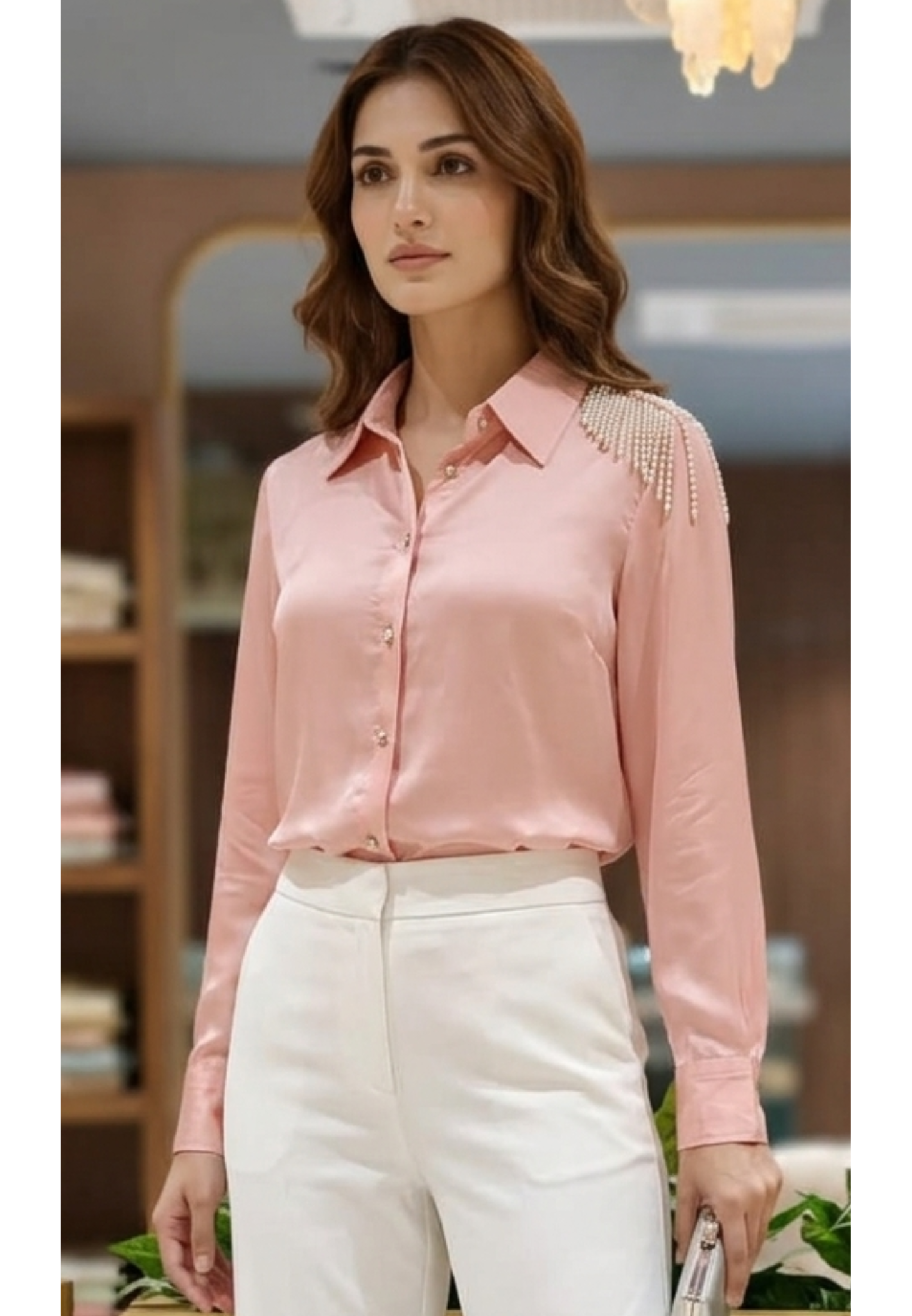 Blush Pink Pearl-Embellished Tassel Over Shoulder Satin Shirt- 14781