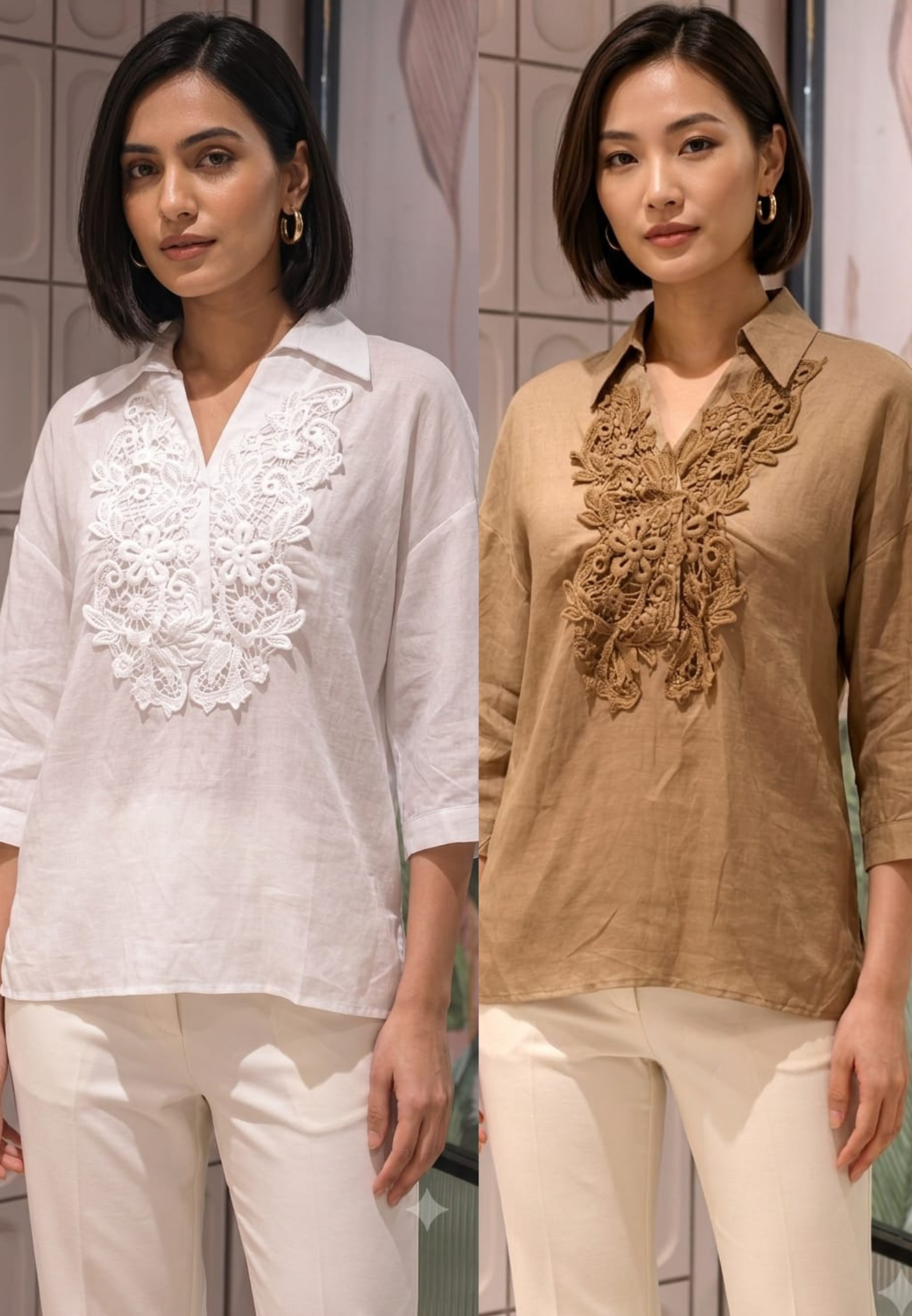 Elysian Lace-Applique Solid Tunic Imported Shirt- 15151