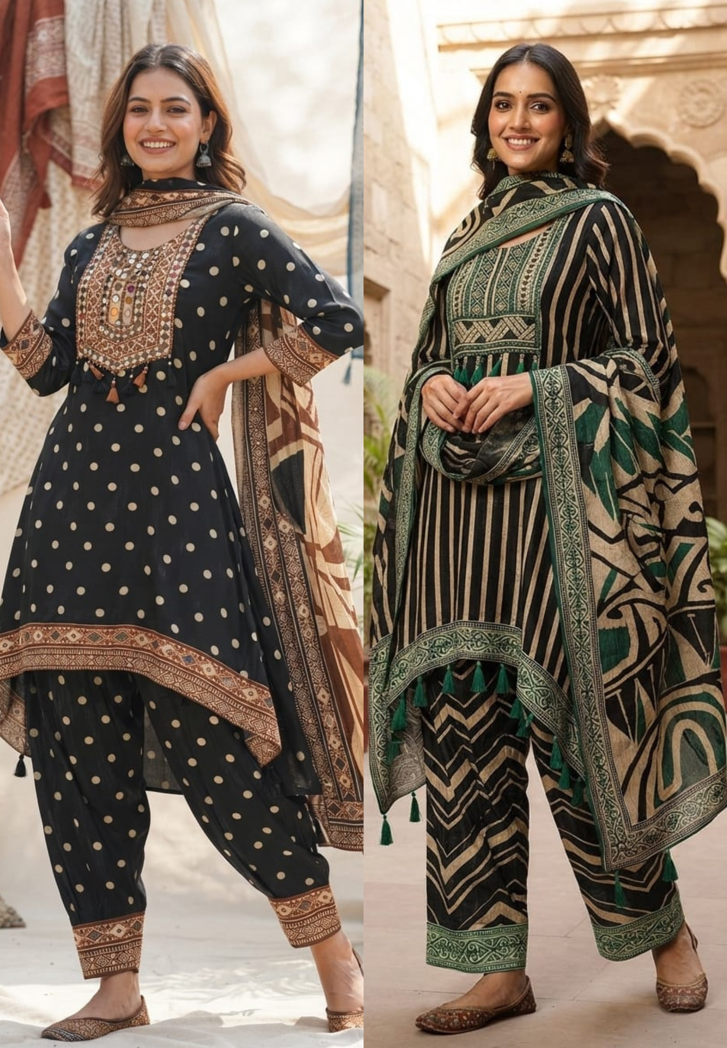 Boho Chich Tribal Inspired Multicolor Print Crepe Full Suit Set With Dupatta & Farsi Bottom- 15417, 15120
