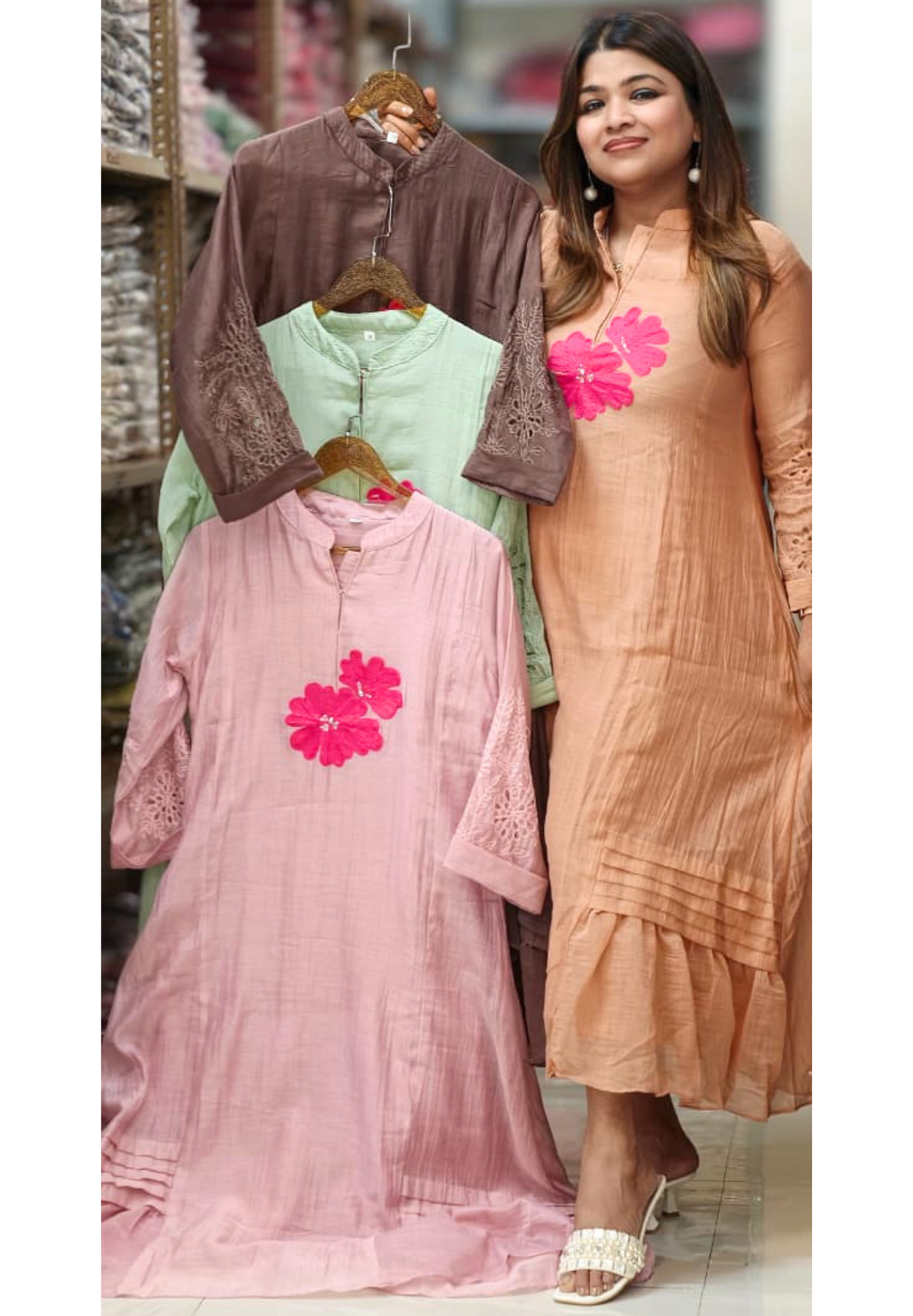 Mandarin Collar Ankle Length Mul-Chanderi Frock with 3D Floral Applique Yoke- 15421