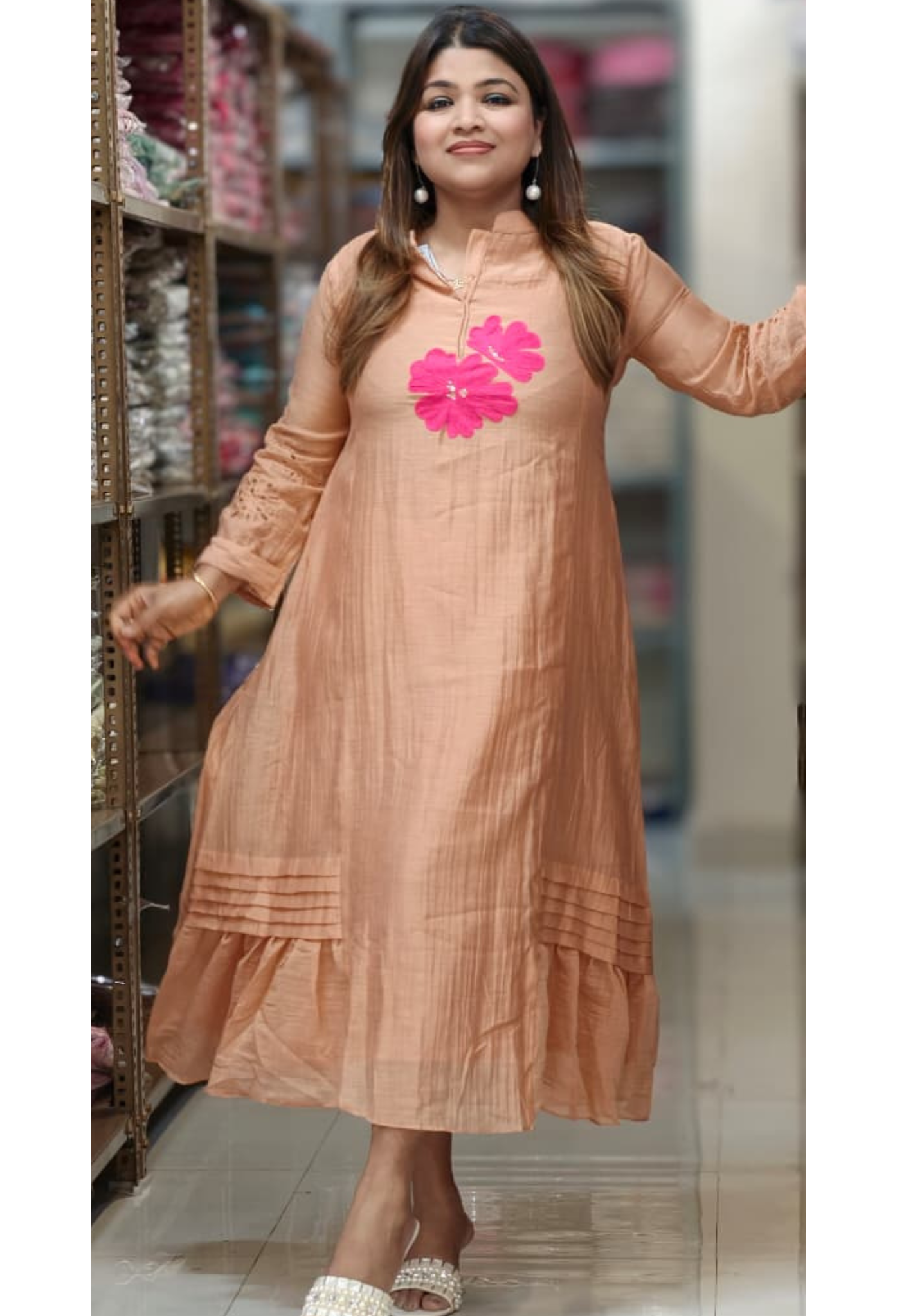 Mandarin Collar Ankle Length Mul-Chanderi Frock with 3D Floral Applique Yoke- 15421