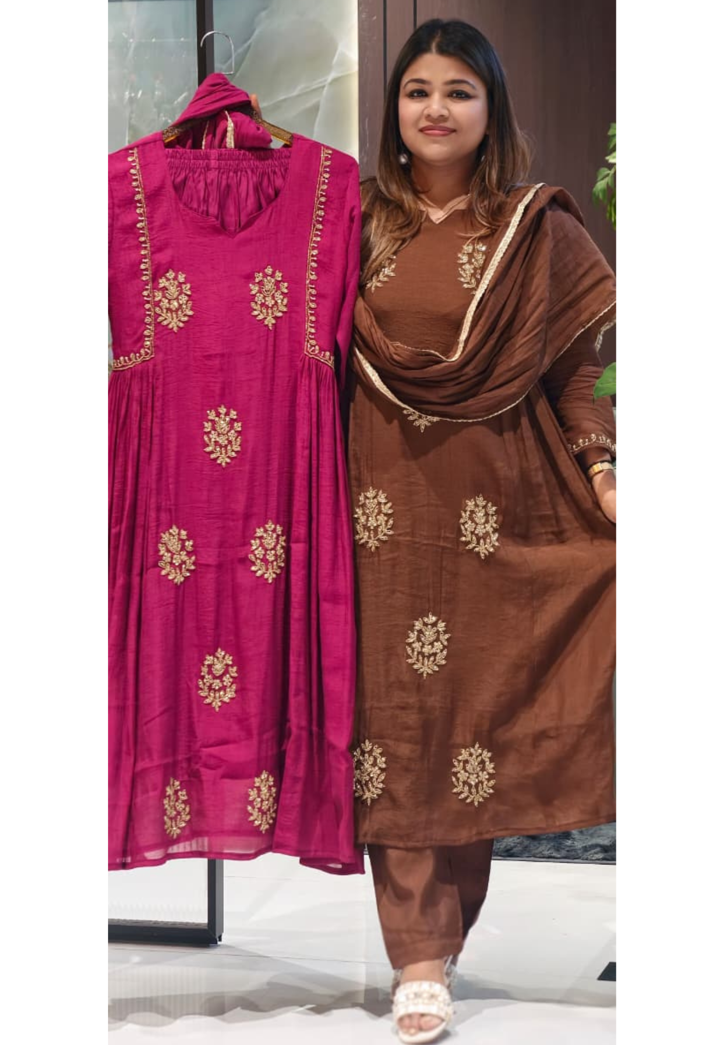 Crush Surat Mul-Chanderi Embroidered Side Pleated A-Line Full Suit Set with Dupatta- 15423