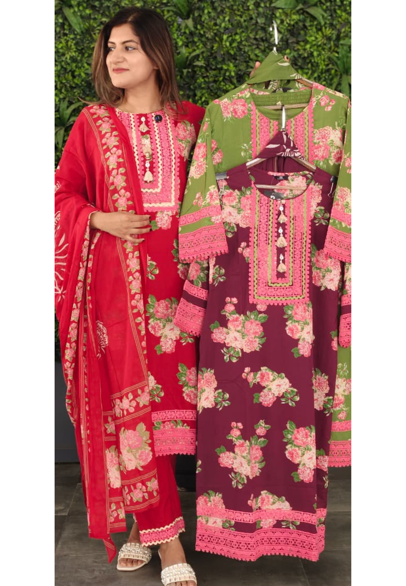 Crosia Lace Detailing Floral Printed Cotton Full Suit Set With Dupatta- 15262