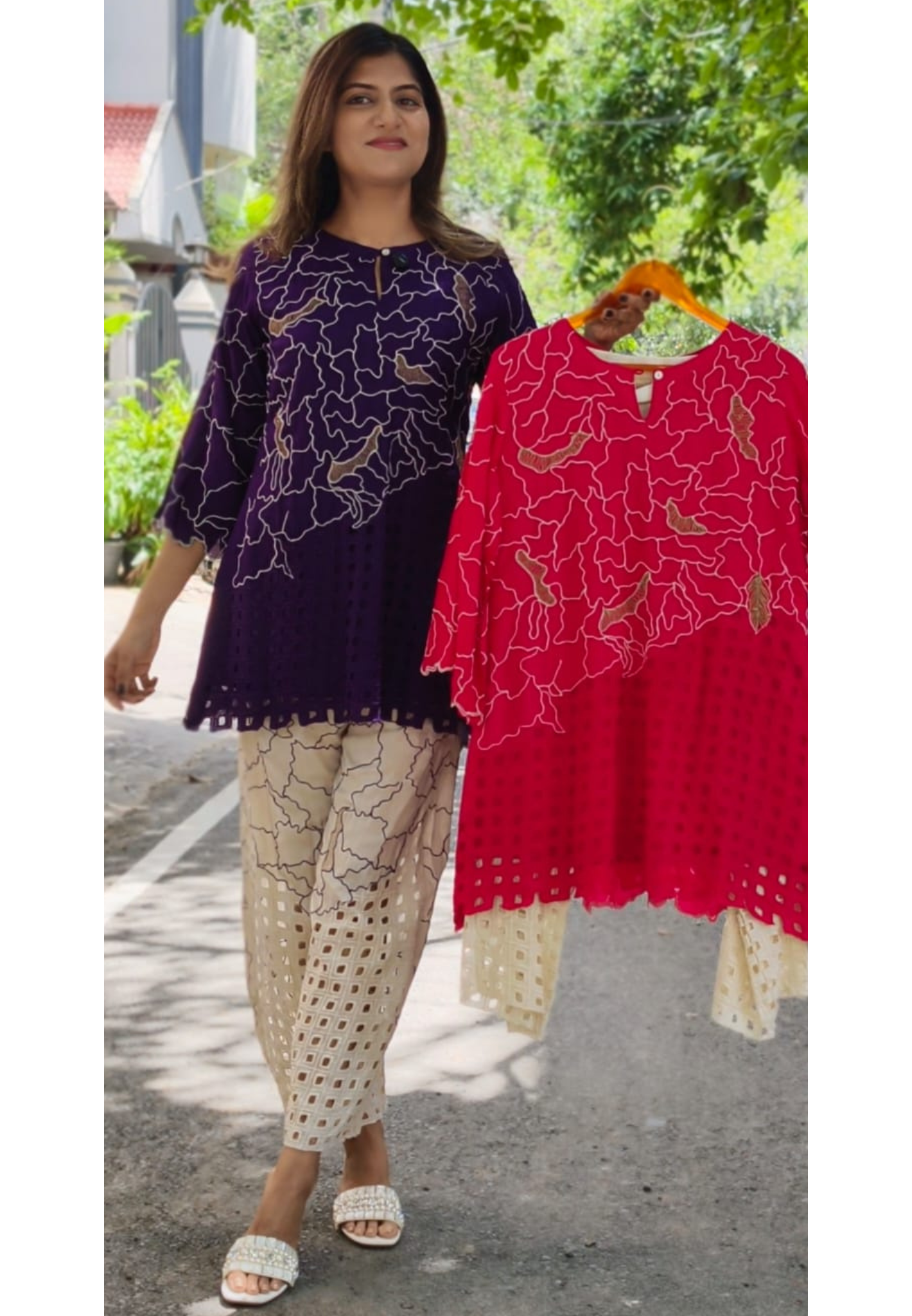 Contemporary Abstract Embroidered with Geometric Cutwork Russian Silk Co-Ord Set- 15224