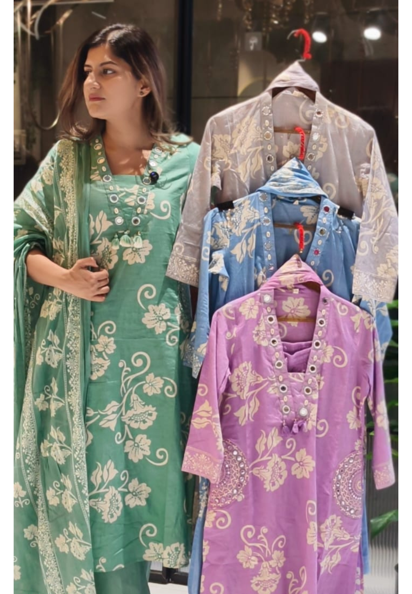 Ivory Blossom Elegance Noor Floral Printed Charm Cotton Full Suit Set With Dupatta- 15358