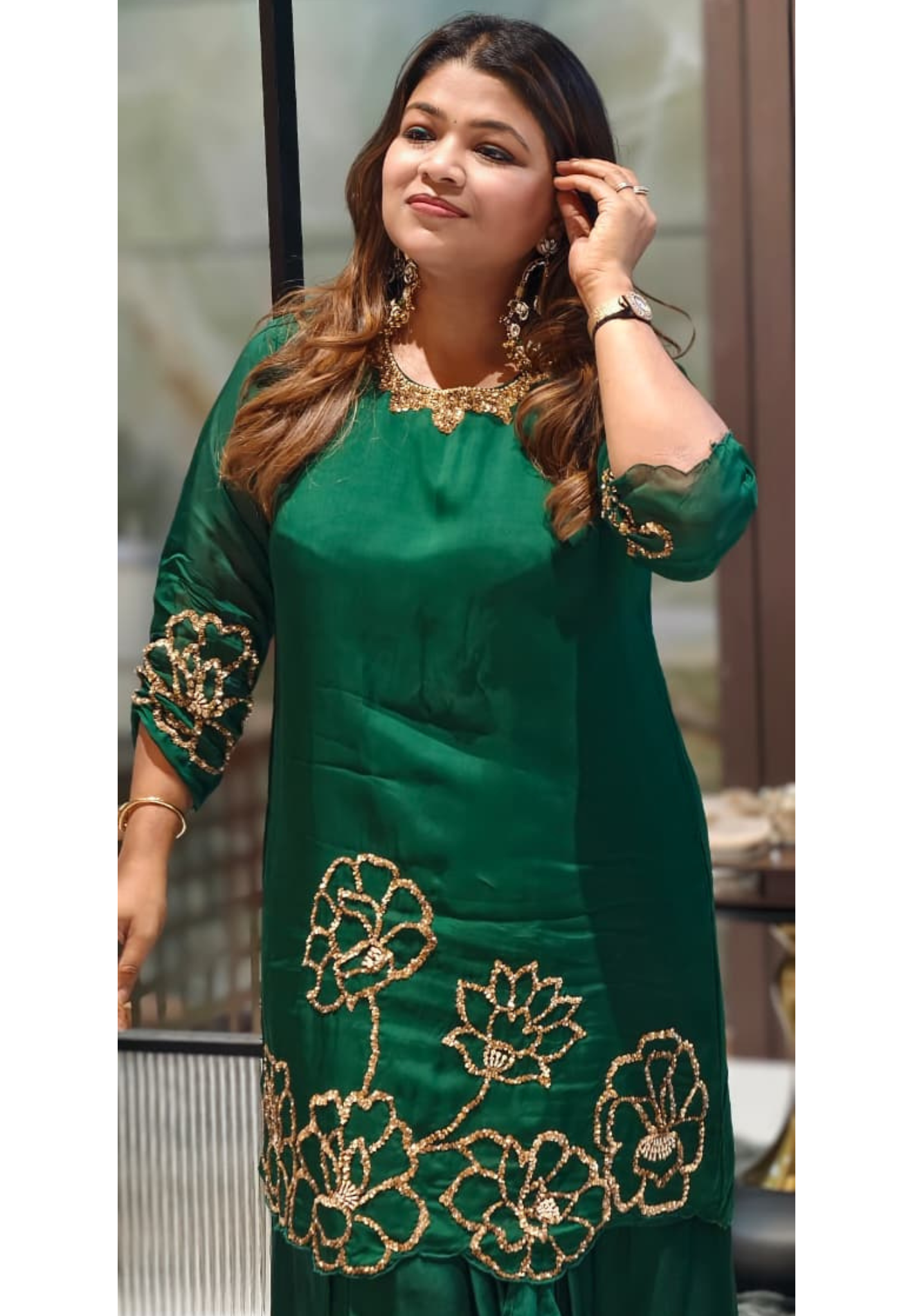 Premium Golden Floral Embellished Kurta with Drape Dhoti Bottom In Modal Satin Fabric- 14959