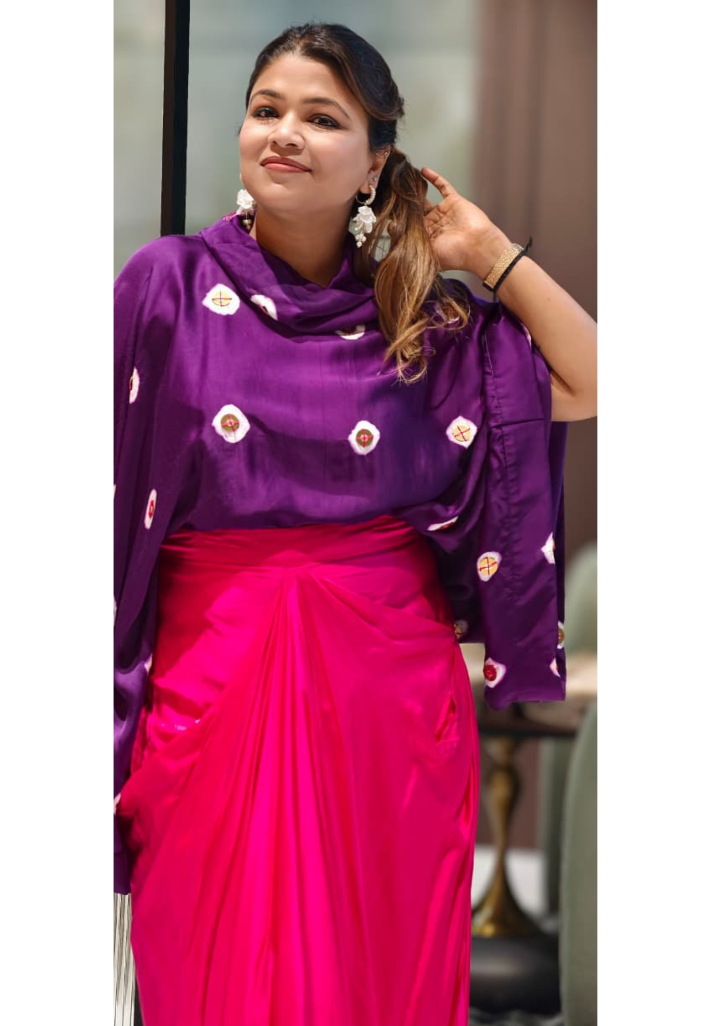 Purple Bandhani Print Cape Top with Fuchsia Pink Dhoti Skirt Bottom Modal Satin Indo-Wear- 14955
