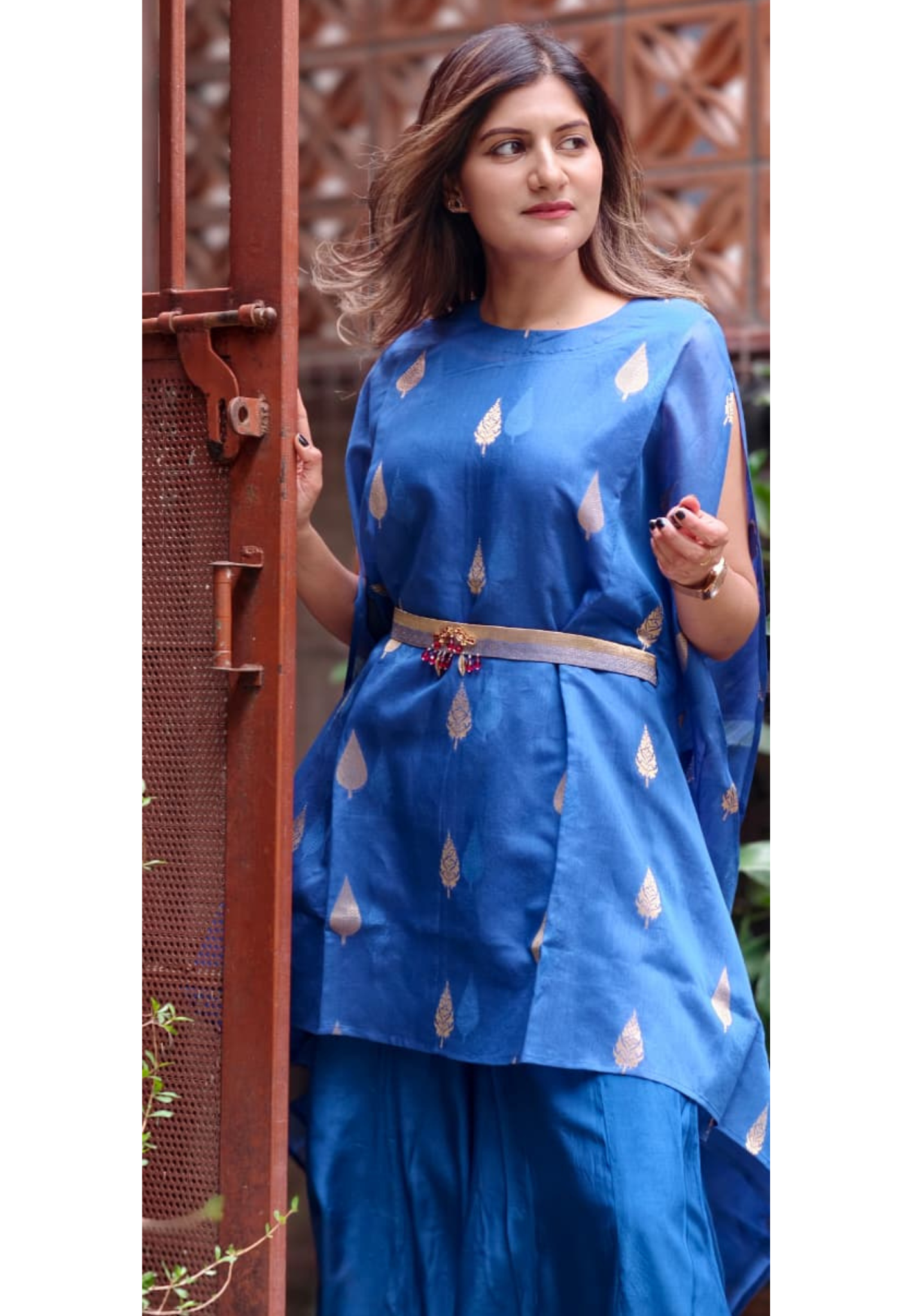 Royal Blue Leafy Brocade Touch Kaftan Look Indo-Western With Bottom & Separate Belt- 13460
