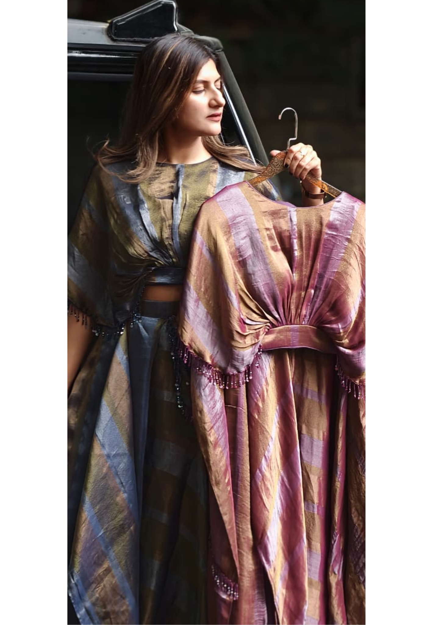 Metallic Striped Kaftan Look Tissue Crop Top & Maxi Skirt Set with Embellished Tassel Detailing- 15097