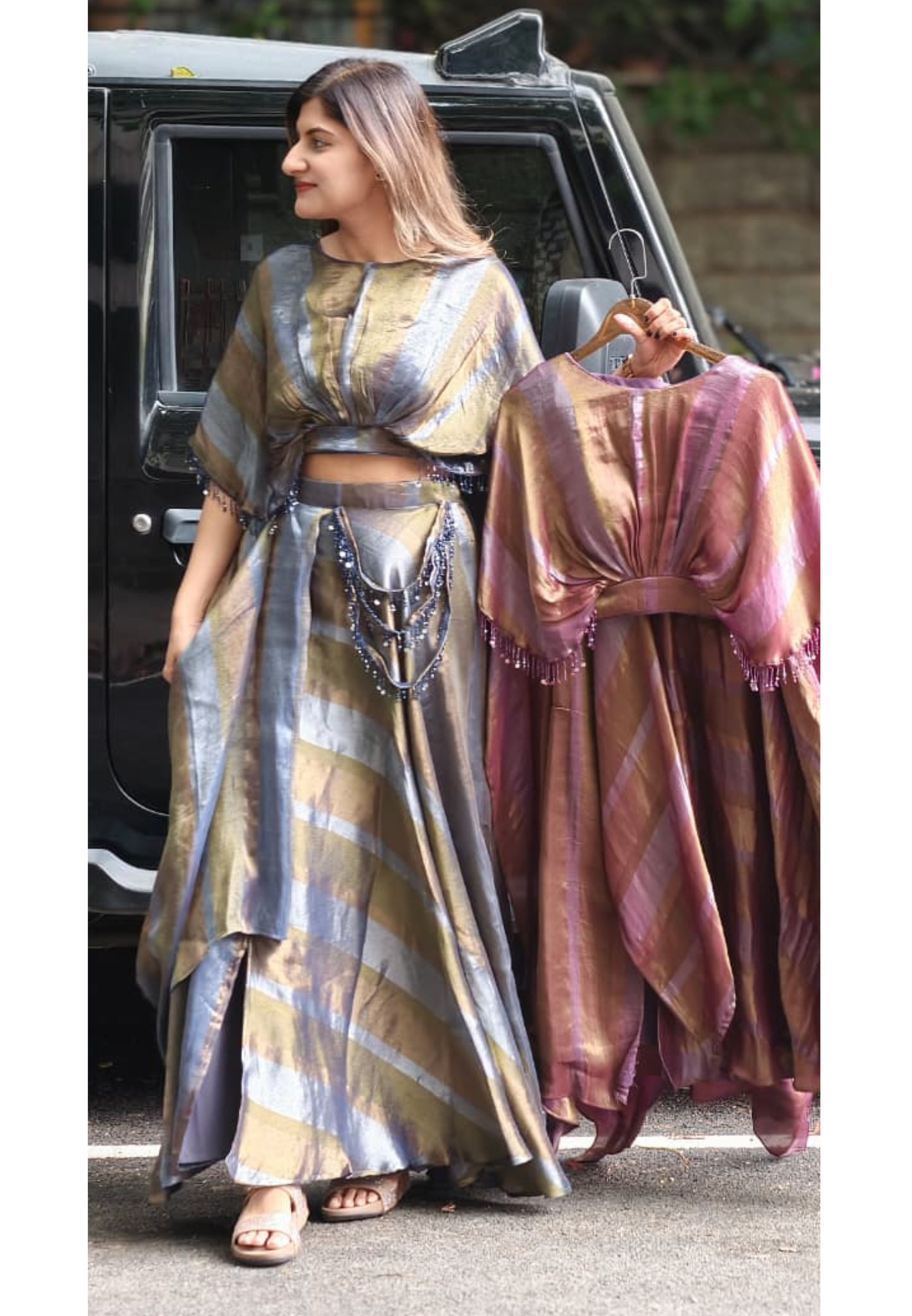 Metallic Striped Kaftan Look Tissue Crop Top & Maxi Skirt Set with Embellished Tassel Detailing- 15097