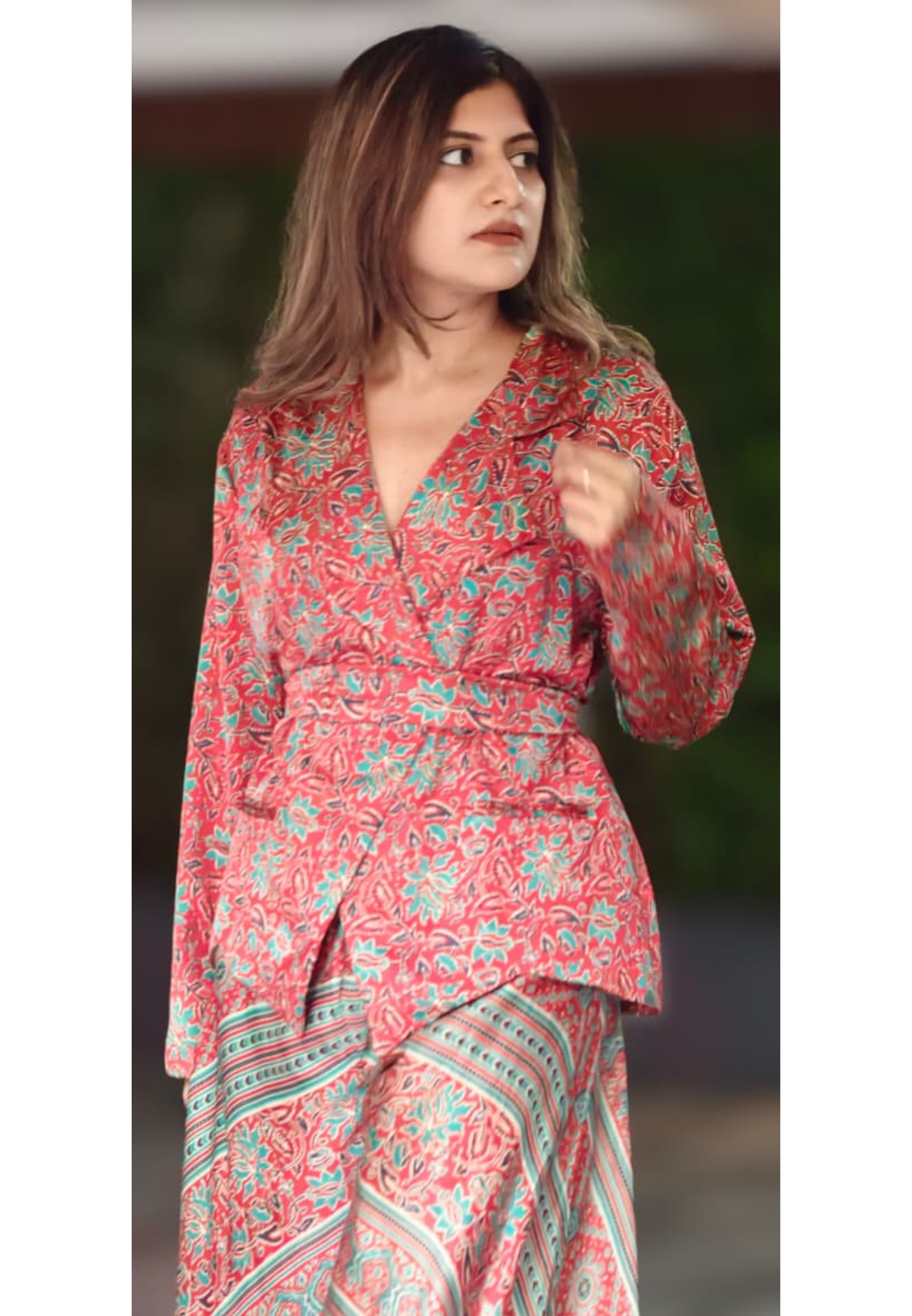 Tiny Floral Block Prints Kimono Style Shiny Modal Satin Indo Wear Top With Flared Bottom- 14947
