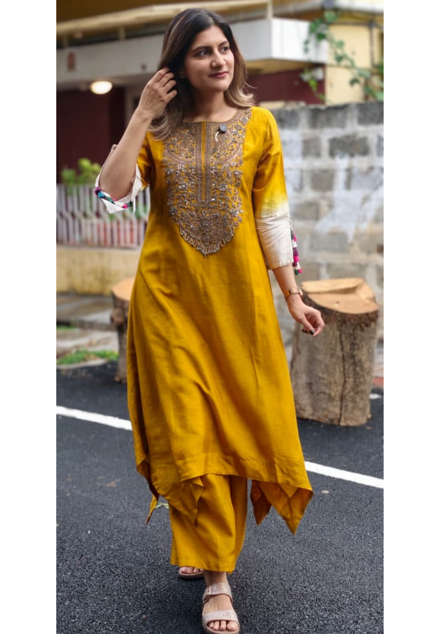 Mustard Yellow Embroidered Multi-Colored Hanging Tassels Long Kurta with Wide-Leg Palazzo Set- 13250