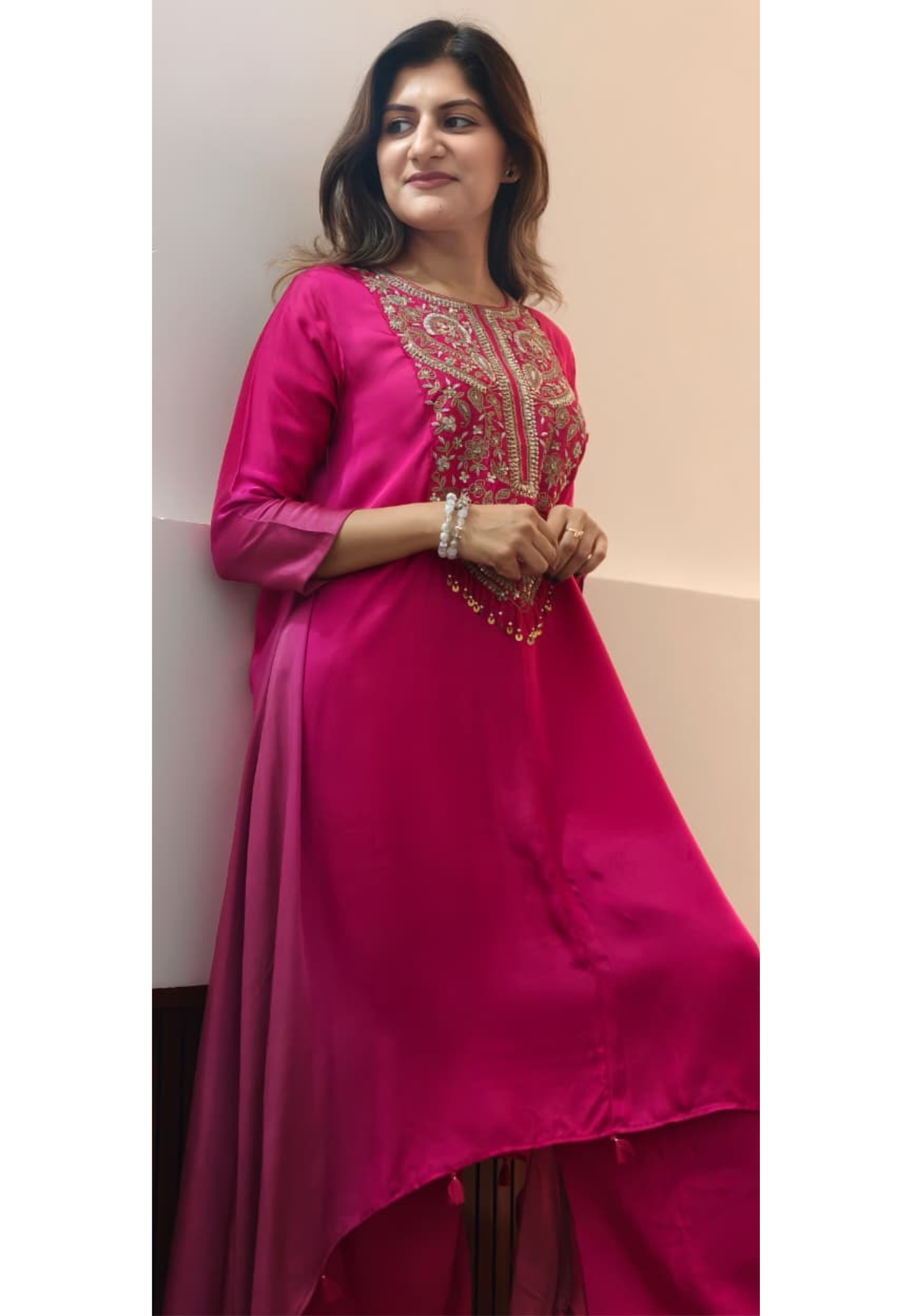 Magenta Pink Hand Embroidered Yoke High-Low Kurta With Wide-Leg Palazzo Set In Modal Satin Fabric- 14958