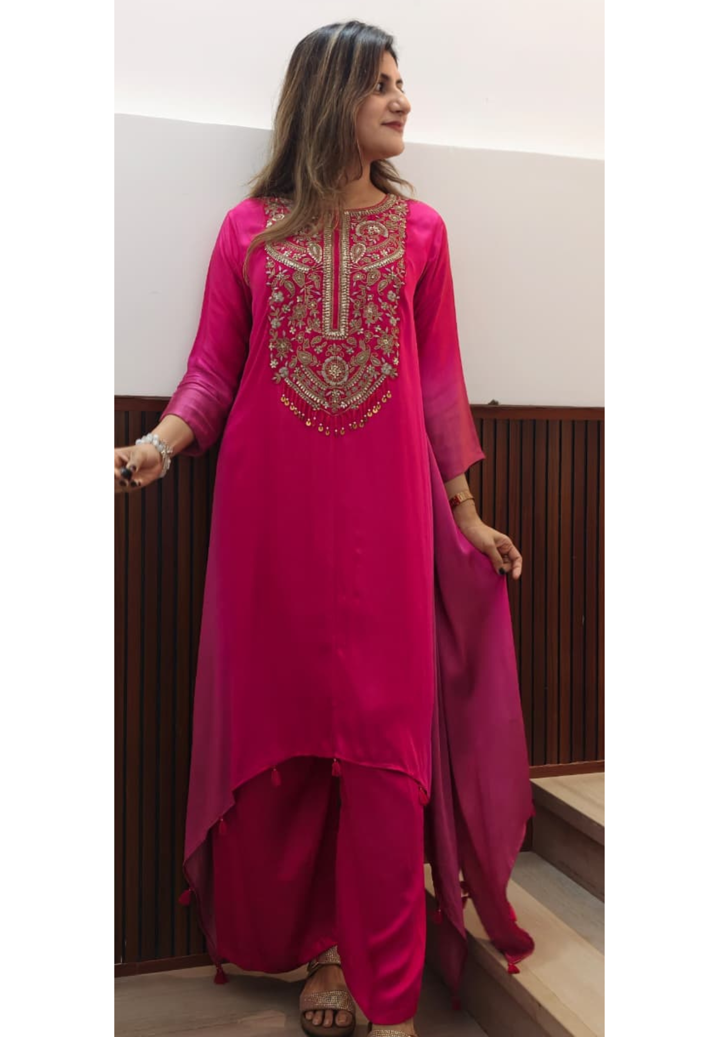 Magenta Pink Hand Embroidered Yoke High-Low Kurta With Wide-Leg Palazzo Set In Modal Satin Fabric- 14958