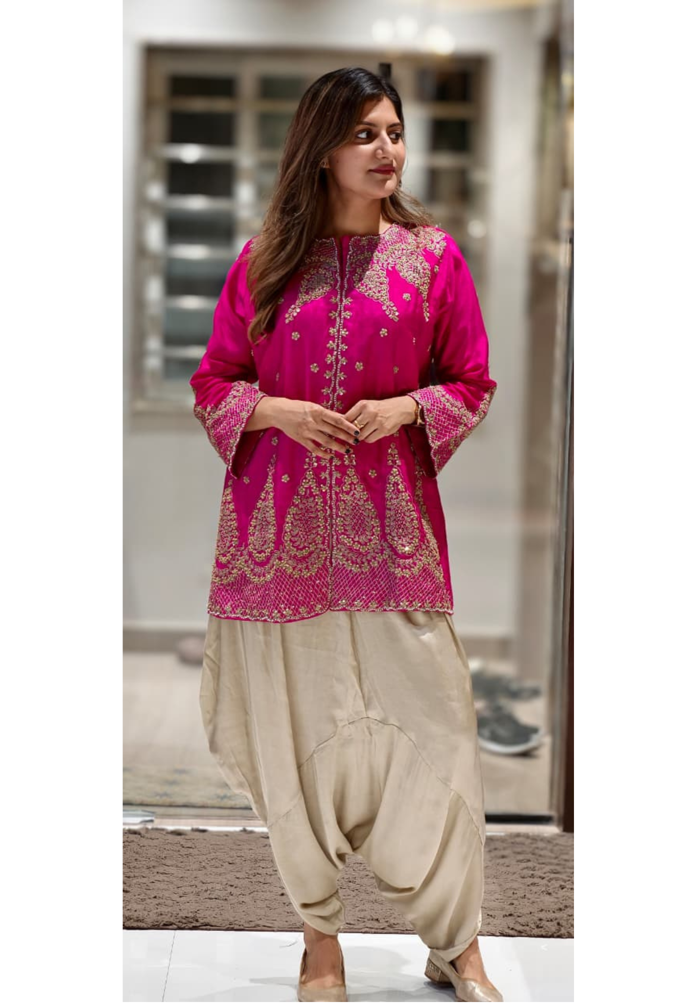Fuschia Heavy Intricate Placement Embroidery Luxury Russian Silk Indo-Wear Kurta With Harem Pant- 12594