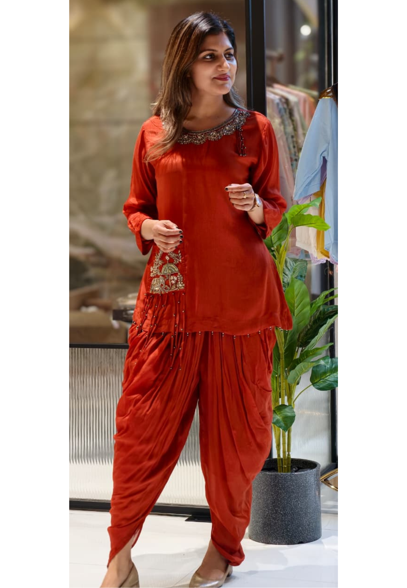 Blunt Orange Jaipuri Sequin Detailing Over Neck & Tasseled Pocket Chinon Indo-Wear- 15012