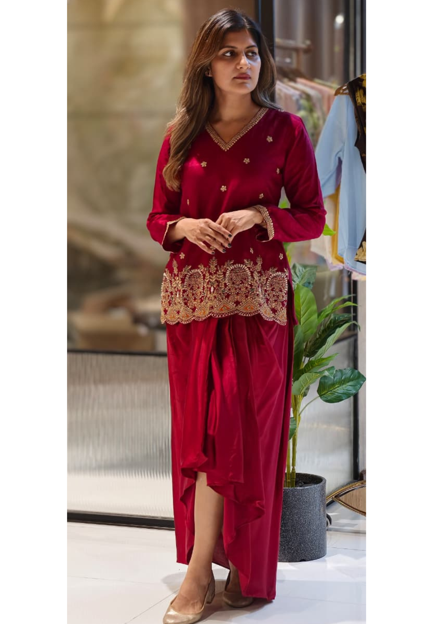 Regal Charm Glowy Embroidered Short Kurta and Draped Dhoti Skirt Set In Russian Silk Fabric- 13256