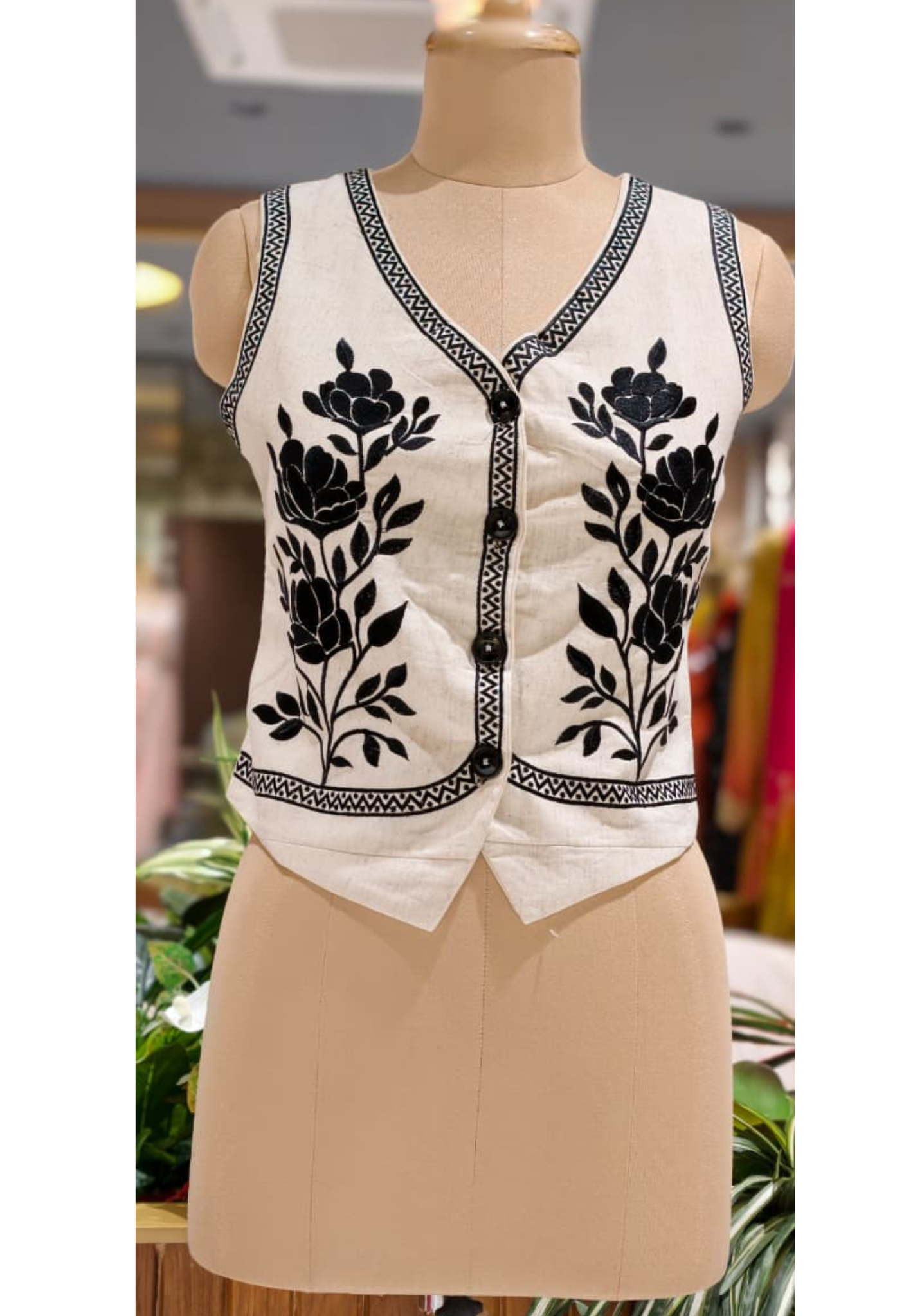 Rosy Embroidered Button Accent Stylish Outlined Half Jacket- 15463
