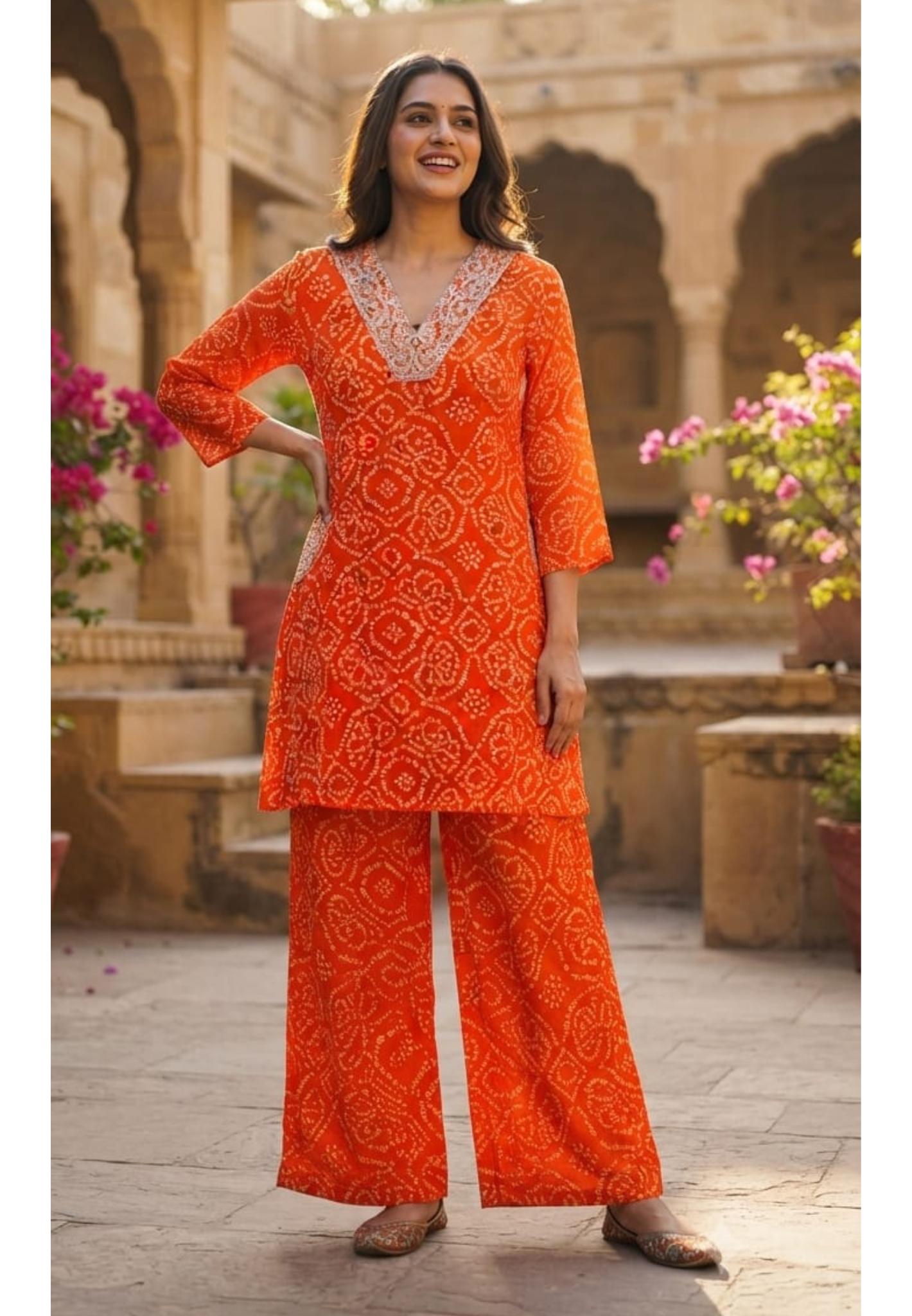 Machine Work Embroidered V-Neck Premium Bandhani Print Georgette Kurta Pant Set with Pockets-15481