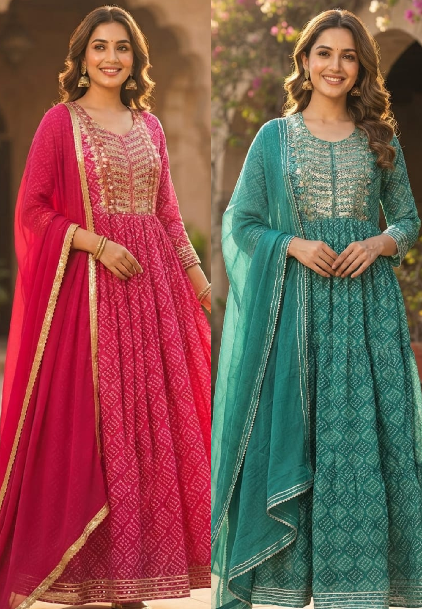 Georgette Bandhani Diamond Print Anarkali Set with Heavy Embroidered Yoke & Matching Dupatta(No Bottom)-15489