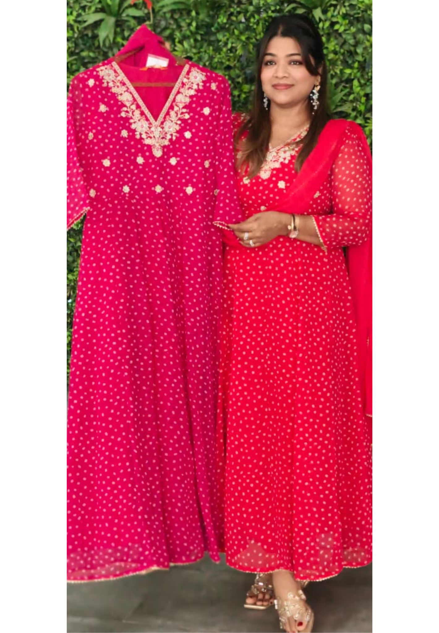 Georgette Bandhani Print Anarkali Kurta Set with Heavy Embroidered V-Neck Matching Dupatta & Bottom-15487
