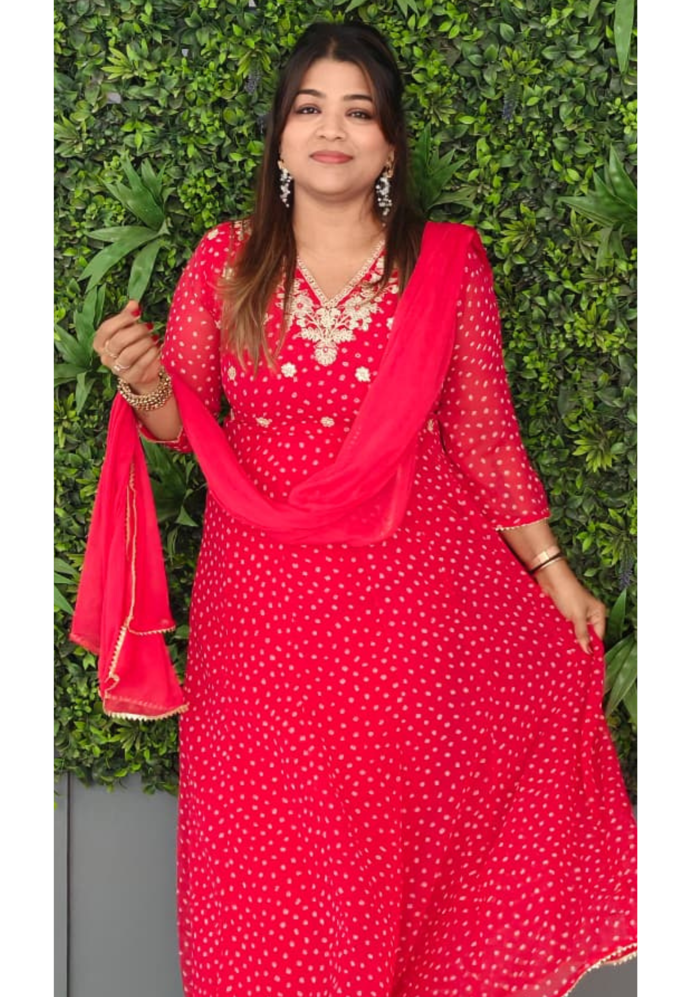 Georgette Bandhani Print Anarkali Kurta Set with Heavy Embroidered V-Neck Matching Dupatta & Bottom-15487