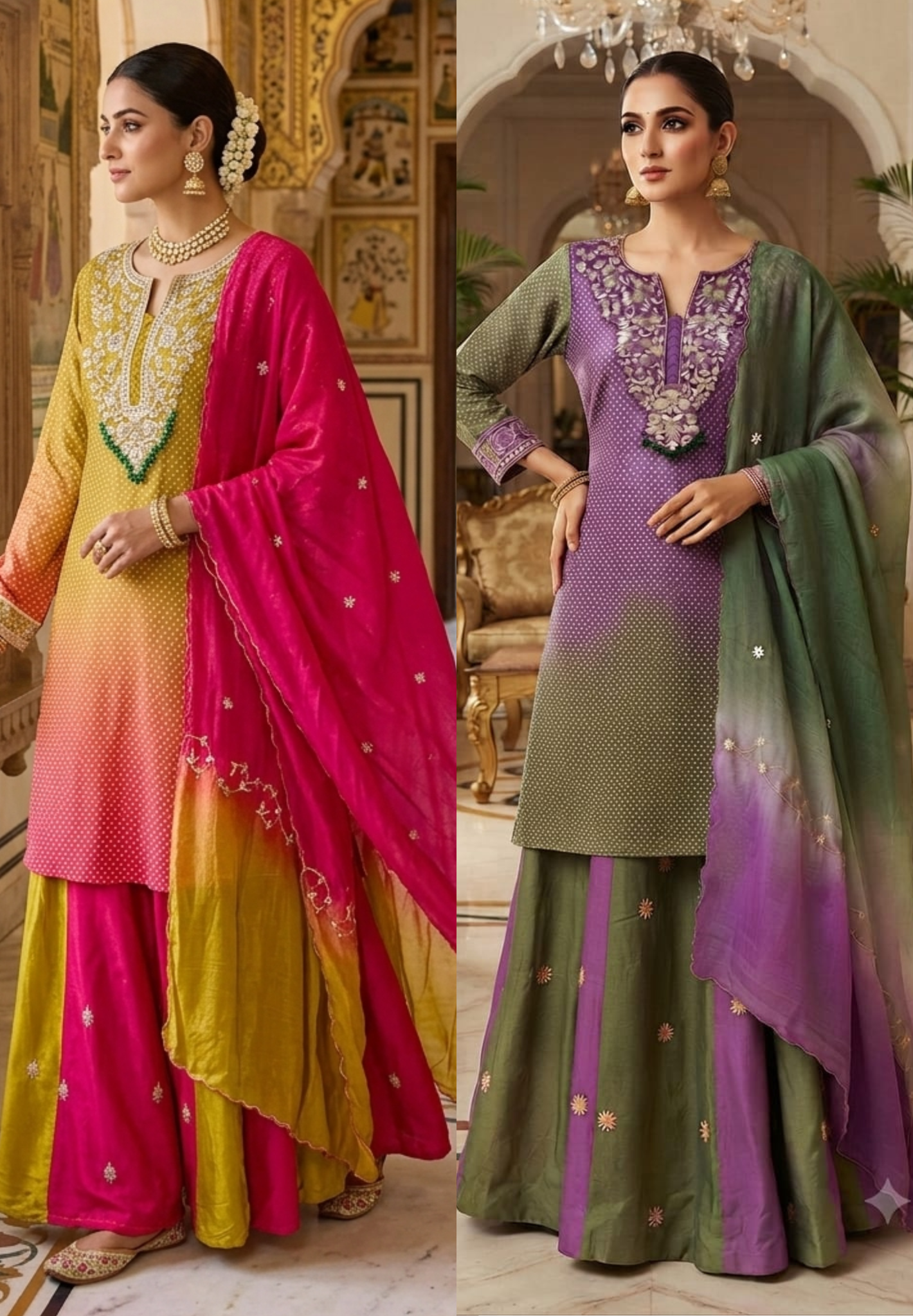 Dual Tone Ombre Shade Rich Hand Embroidered Yoke With Beads Accent Kurta With Cane-Cane Skirt Bottom & Dupatta- 15333