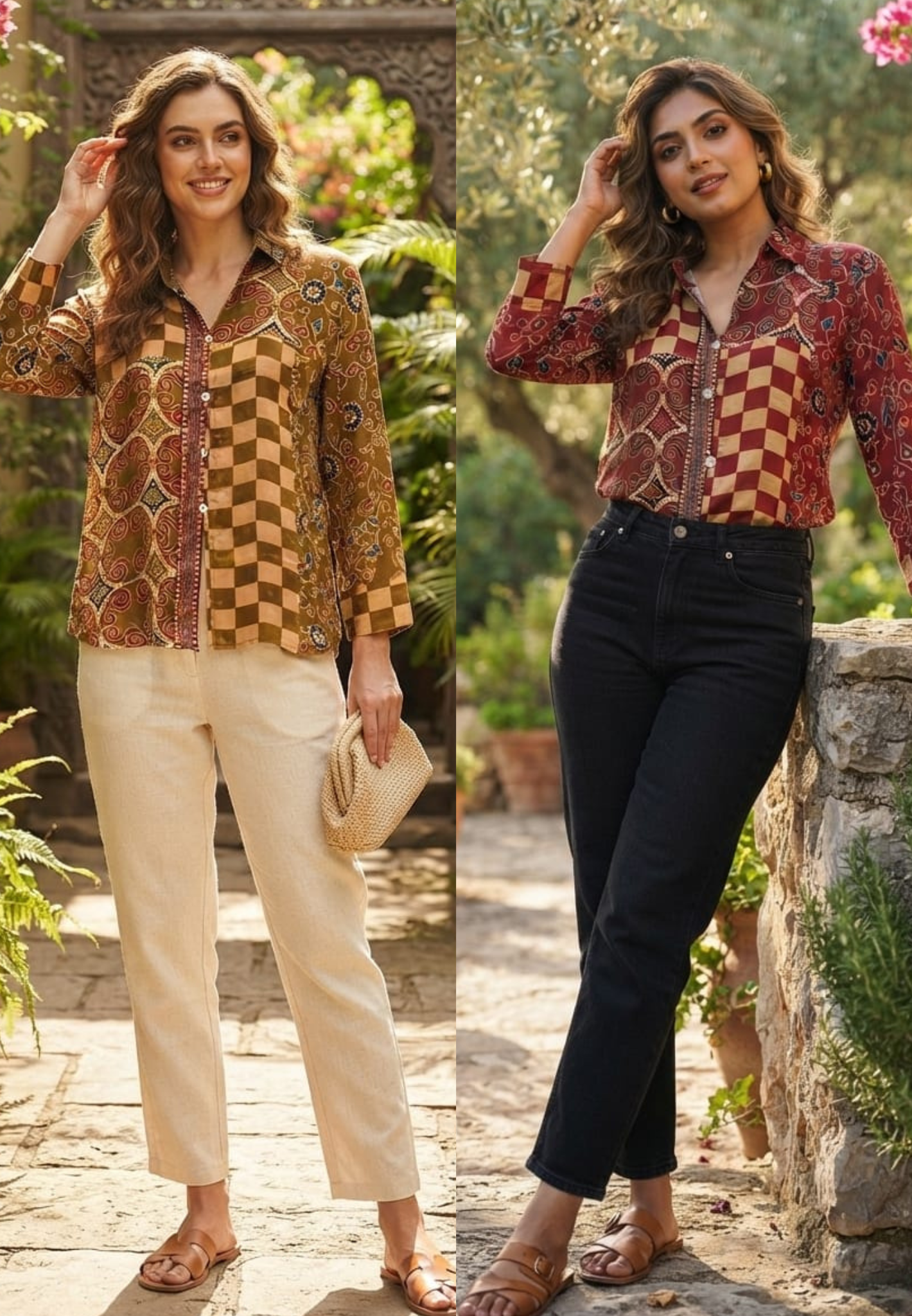 Checkerboard Rounded Print Dual Tone Crepe Shirt- 15434