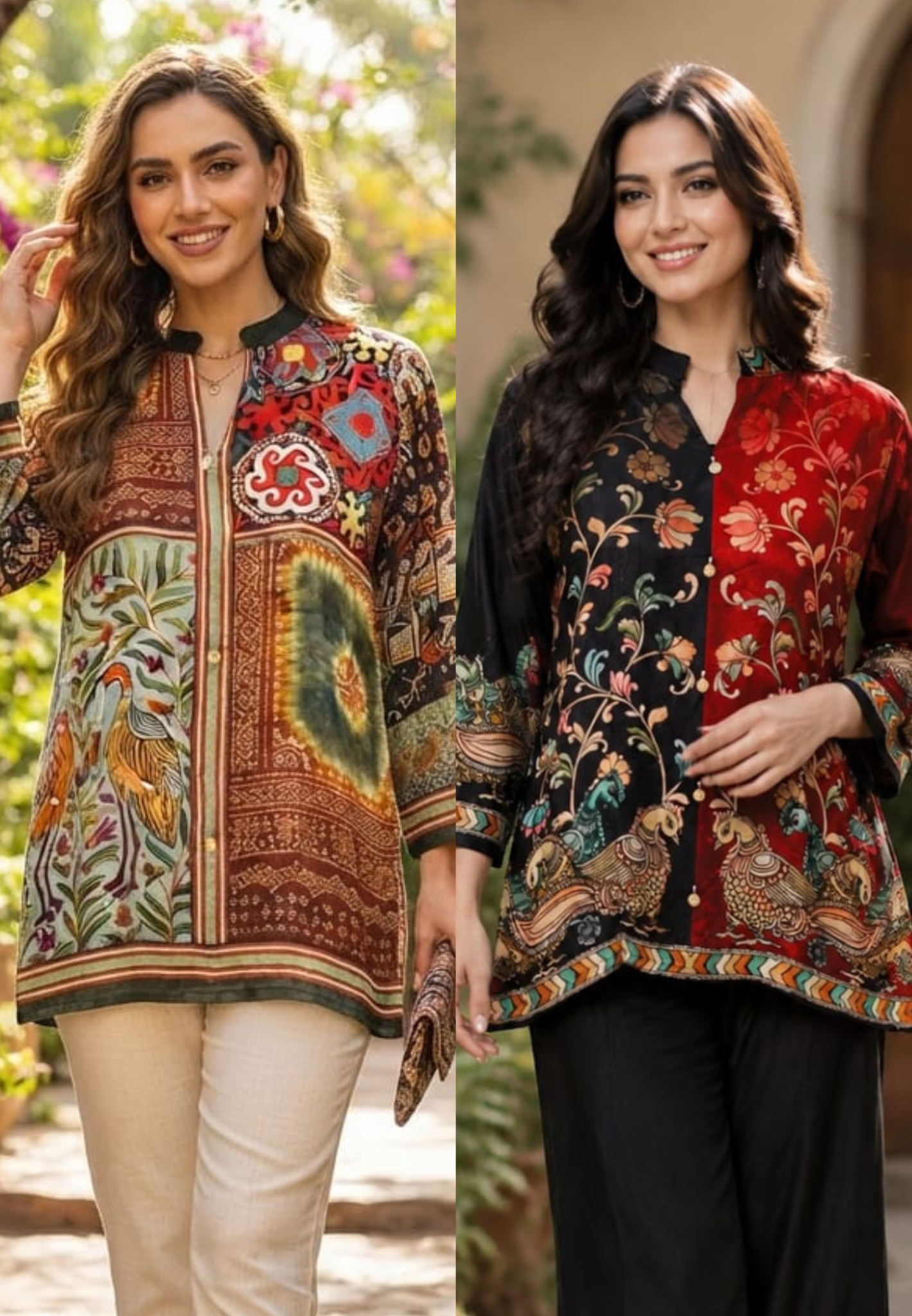 Peacock & Floral Motifs Multicolor Casual Crepe Shirt- 15434