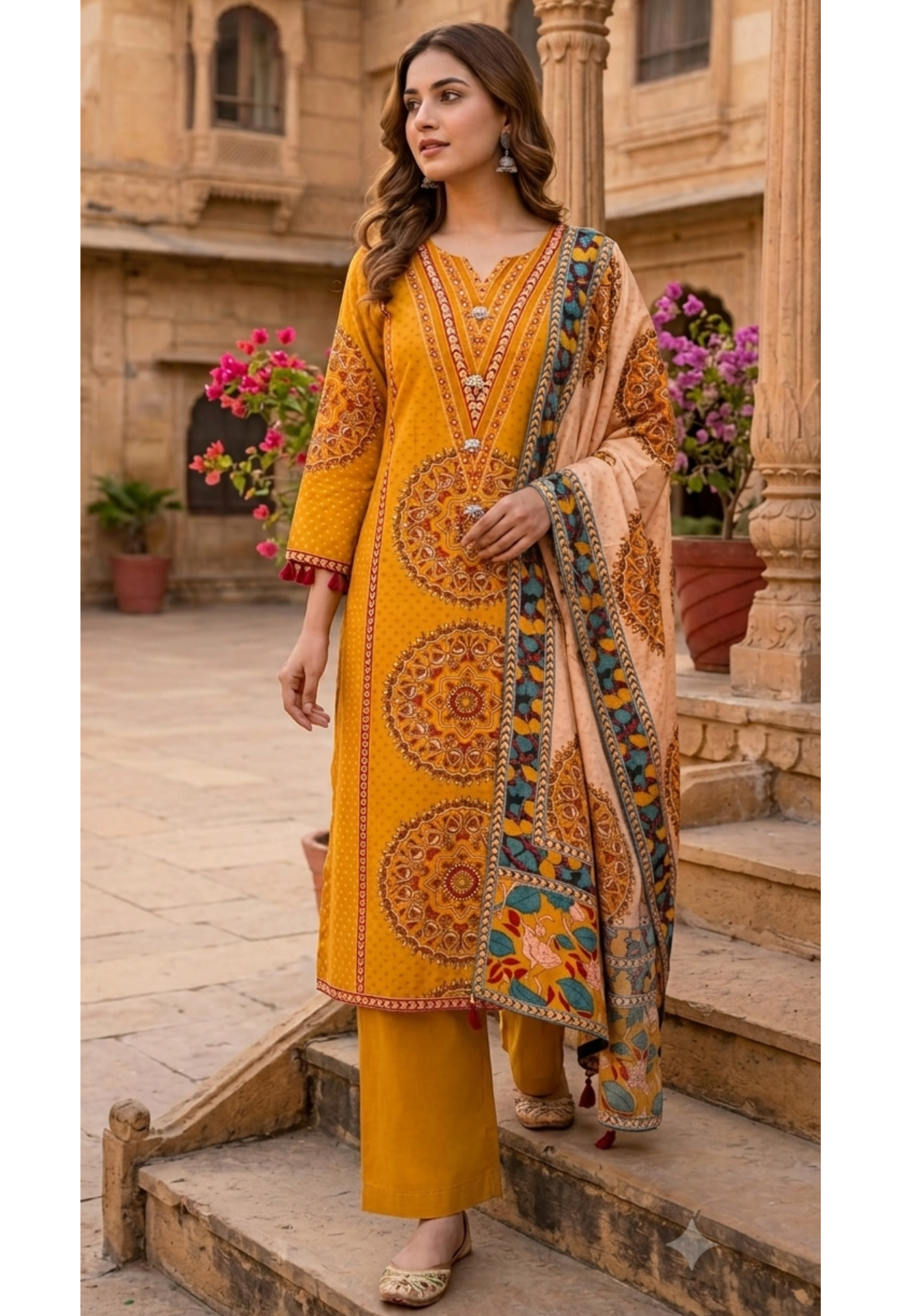 Ajrakh Print Russian Silk A-Line Full Suit Set With Dupatta
