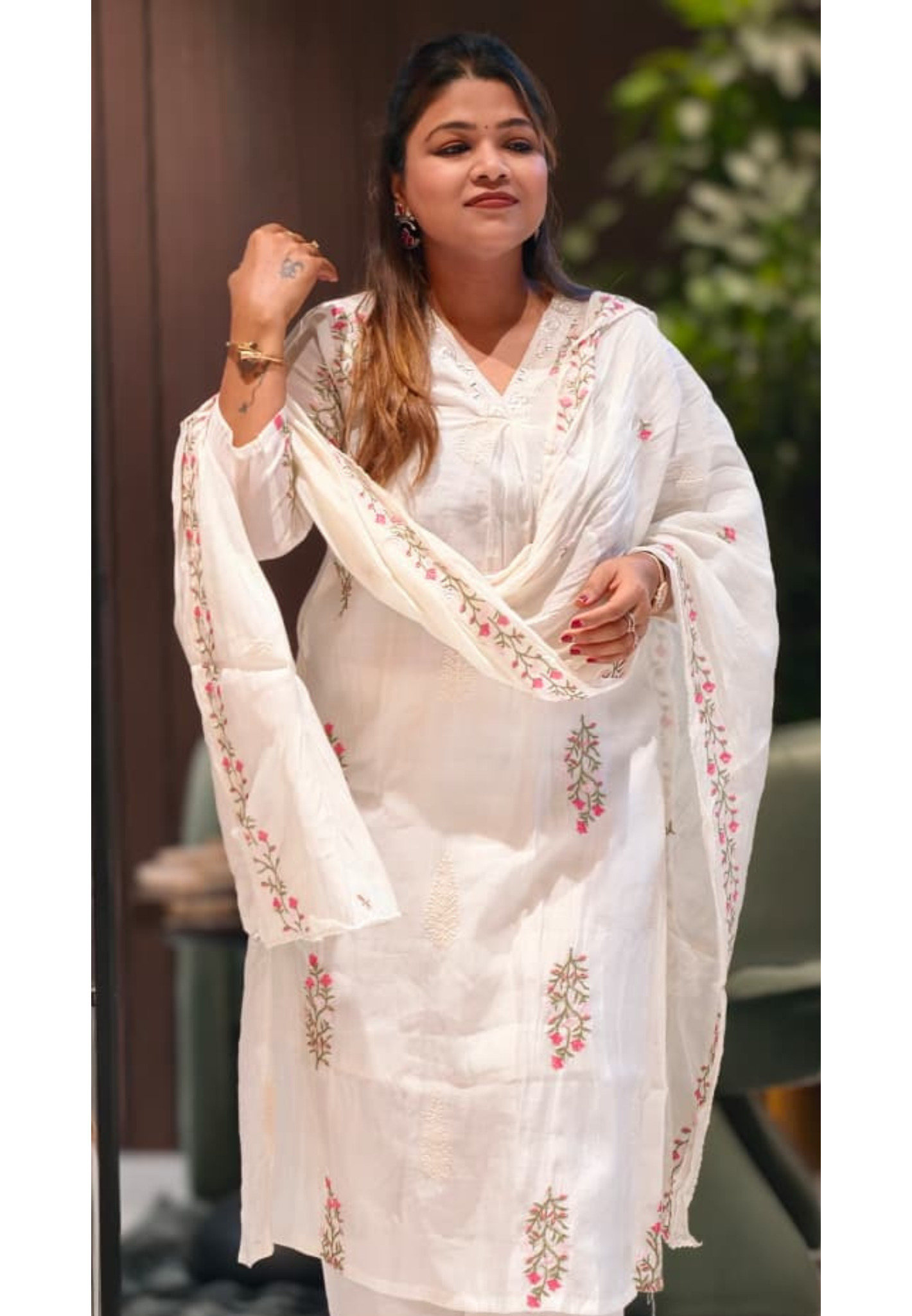 Fine Intricate Floral Embroidery Real Mirror Touch Pastel Shades Surat Mul-Chanderi A-Line Full Suit Set With Dupatta- 15679